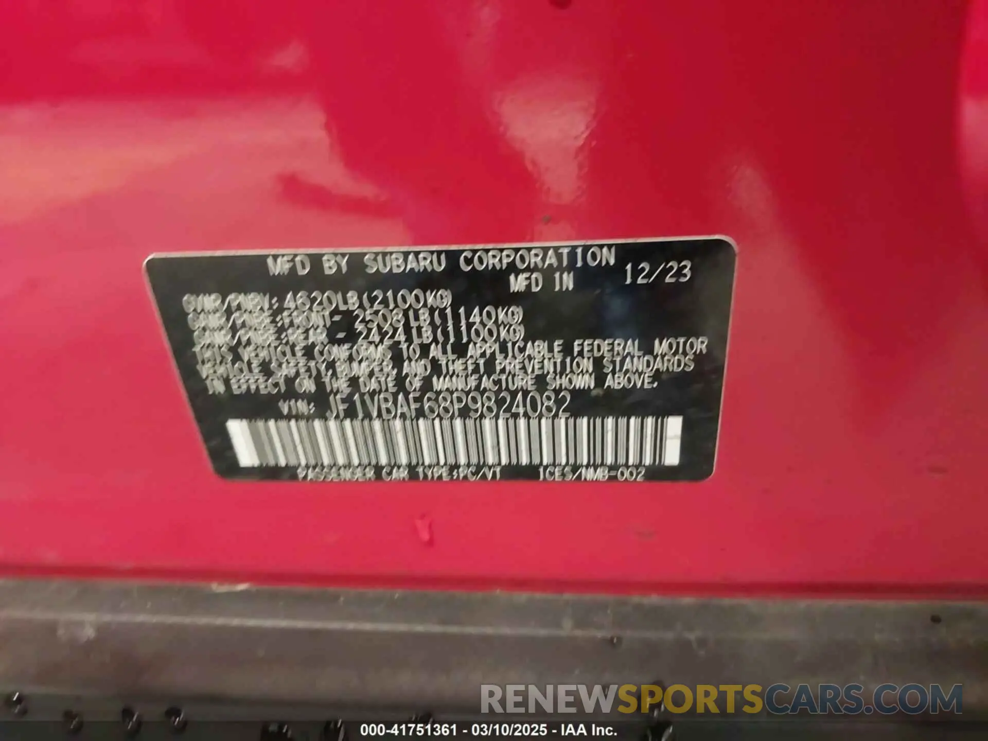 9 fotografías del automóvil dañado JF1VBAF68P9824082 SUBARU WRX 2023