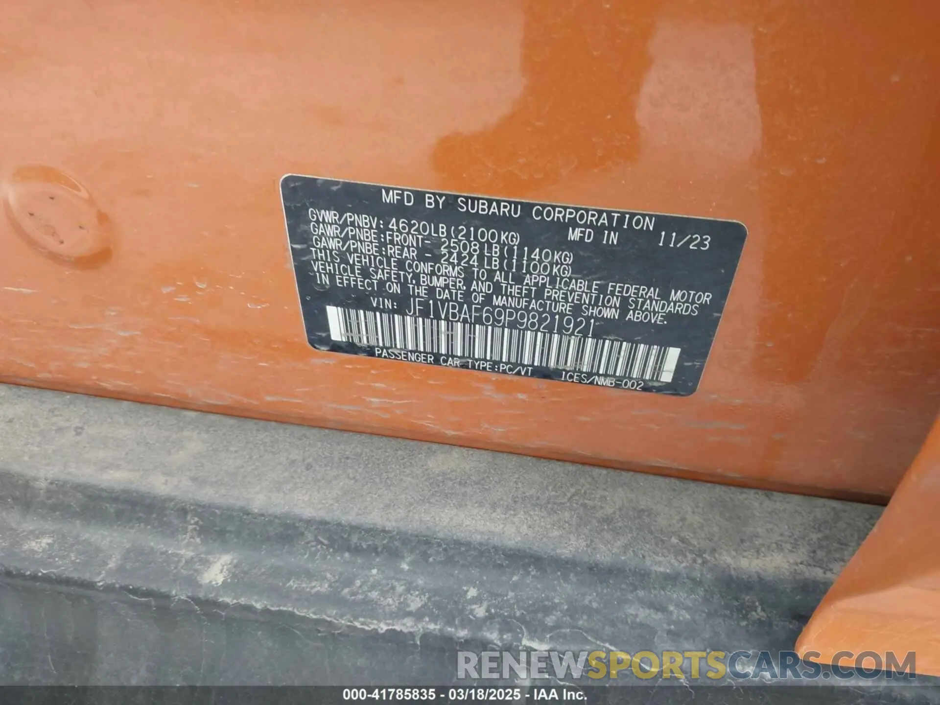 9 fotografías del automóvil dañado JF1VBAF69P9821921 SUBARU WRX 2023