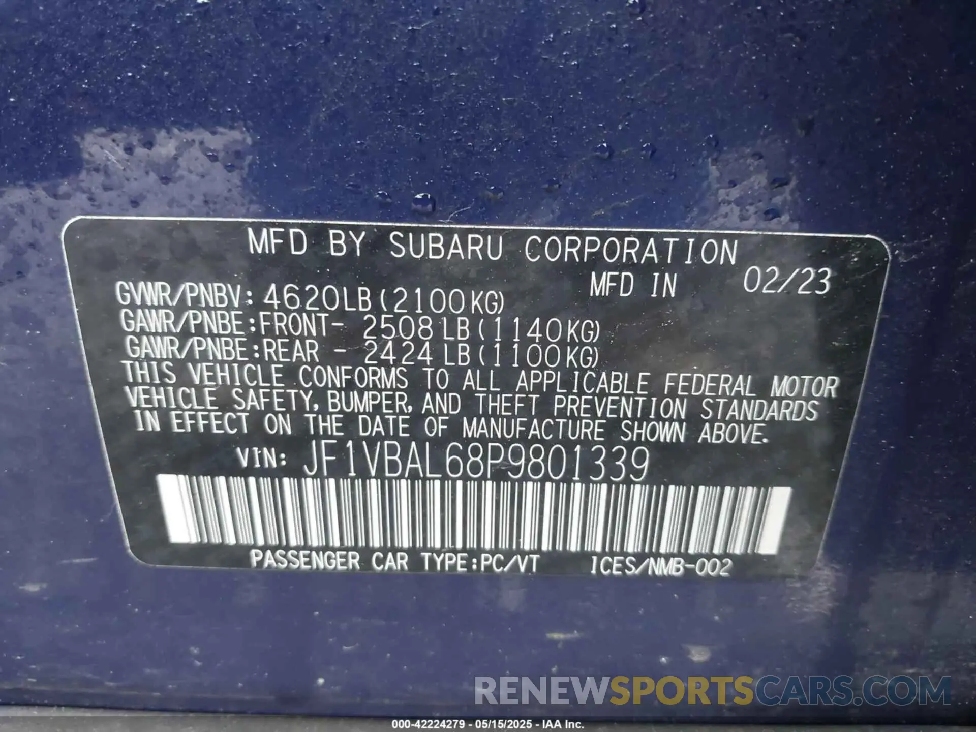9 fotografías del automóvil dañado JF1VBAL68P9801339 SUBARU WRX 2023