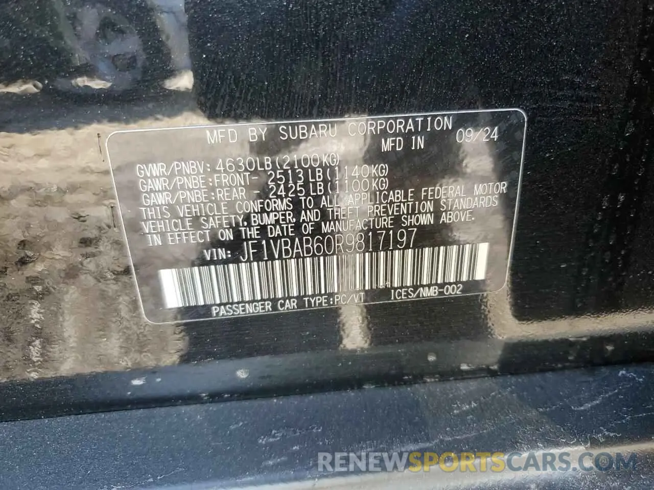 12 fotografías del automóvil dañado JF1VBAB60R9817197 SUBARU WRX 2024