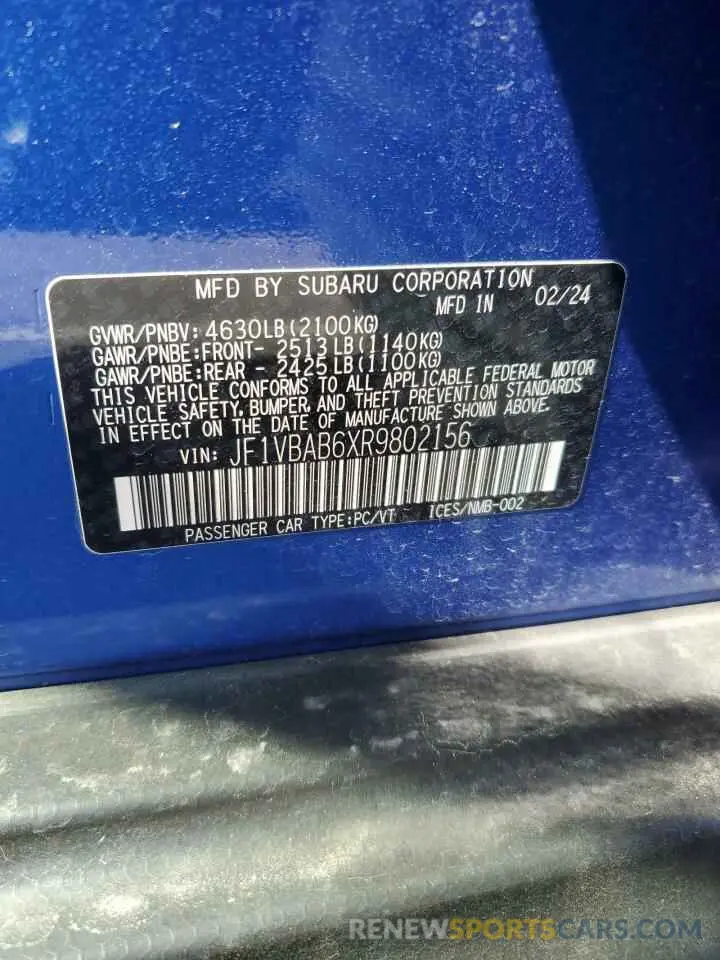 12 fotografías del automóvil dañado JF1VBAB6XR9802156 SUBARU WRX 2024