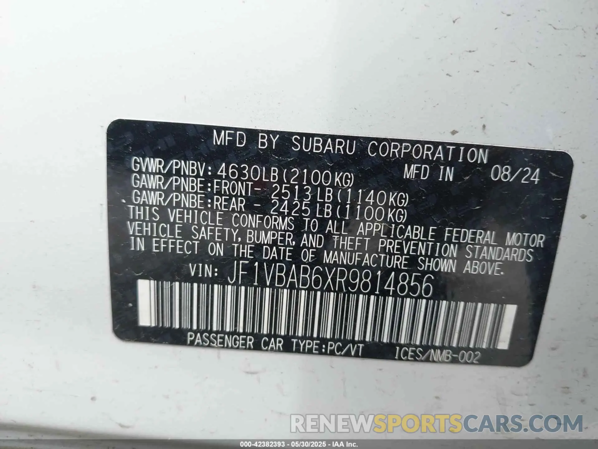 9 fotografías del automóvil dañado JF1VBAB6XR9814856 SUBARU WRX 2024
