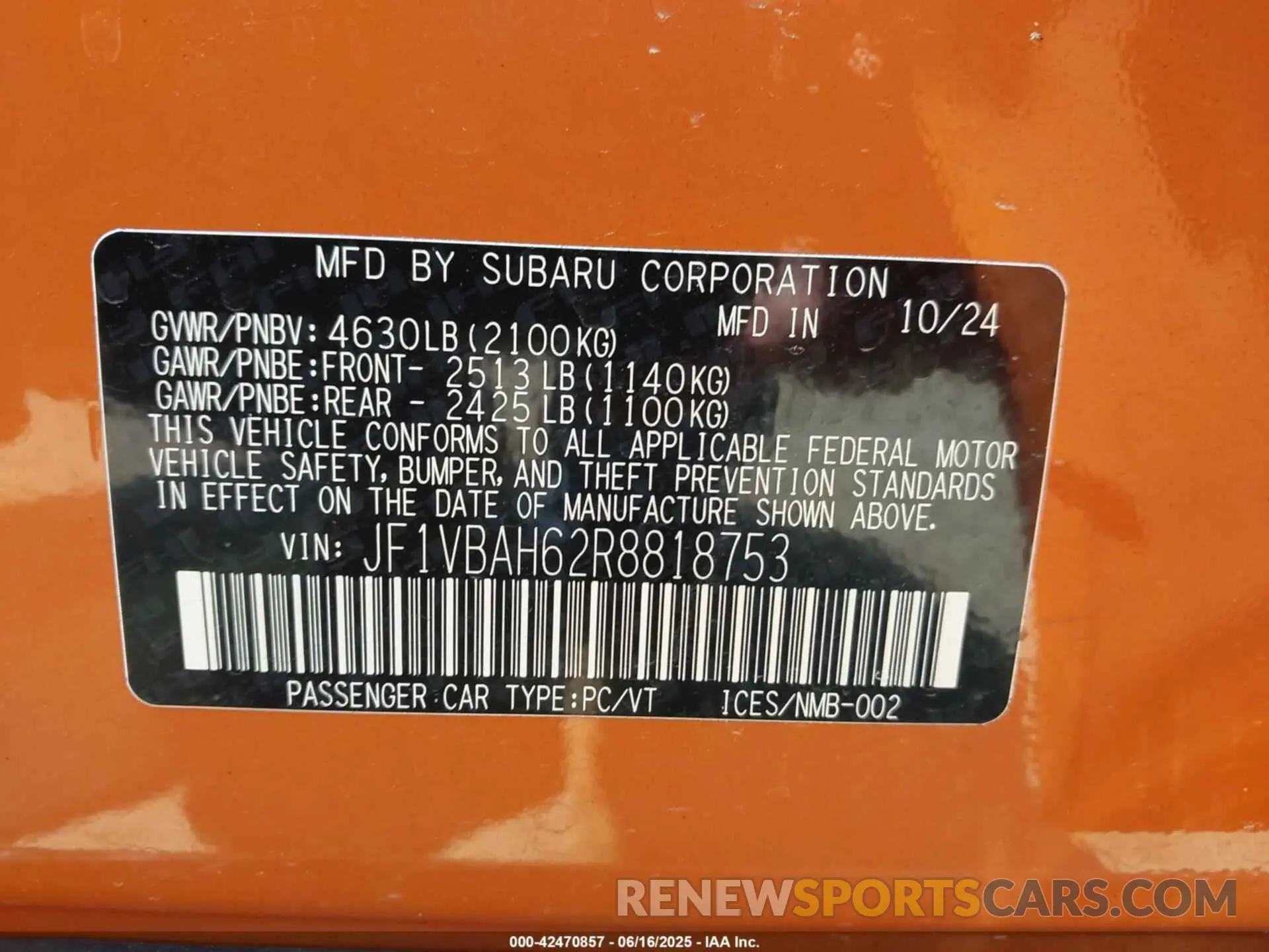 9 fotografías del automóvil dañado JF1VBAH62R8818753 SUBARU WRX 2024