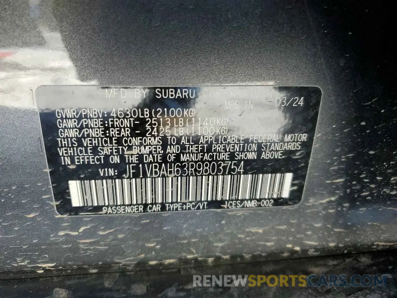 14 fotografías del automóvil dañado JF1VBAH63R9803754 SUBARU WRX 2024