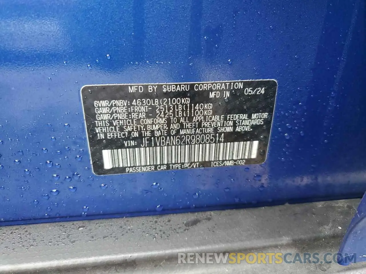 12 fotografías del automóvil dañado JF1VBAN62R9808514 SUBARU WRX 2024