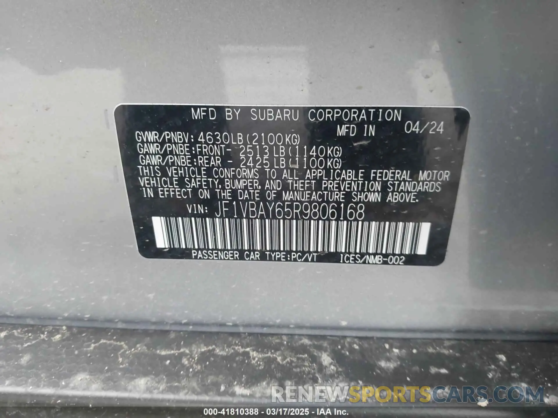 9 fotografías del automóvil dañado JF1VBAY65R9806168 SUBARU WRX 2024