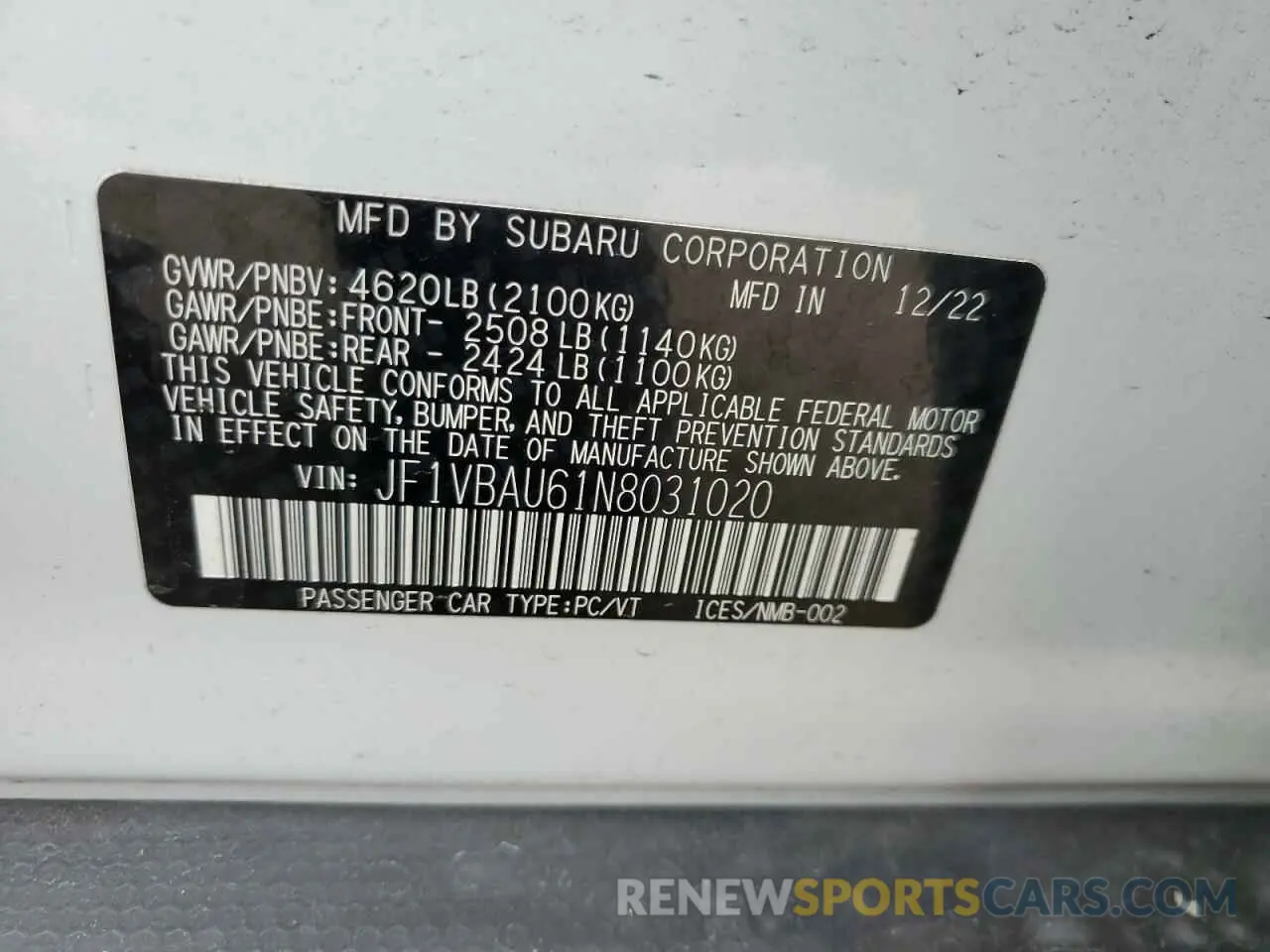 13 fotografías del automóvil dañado JF1VBAU61N8031020 SUBARU WRX GT 2022