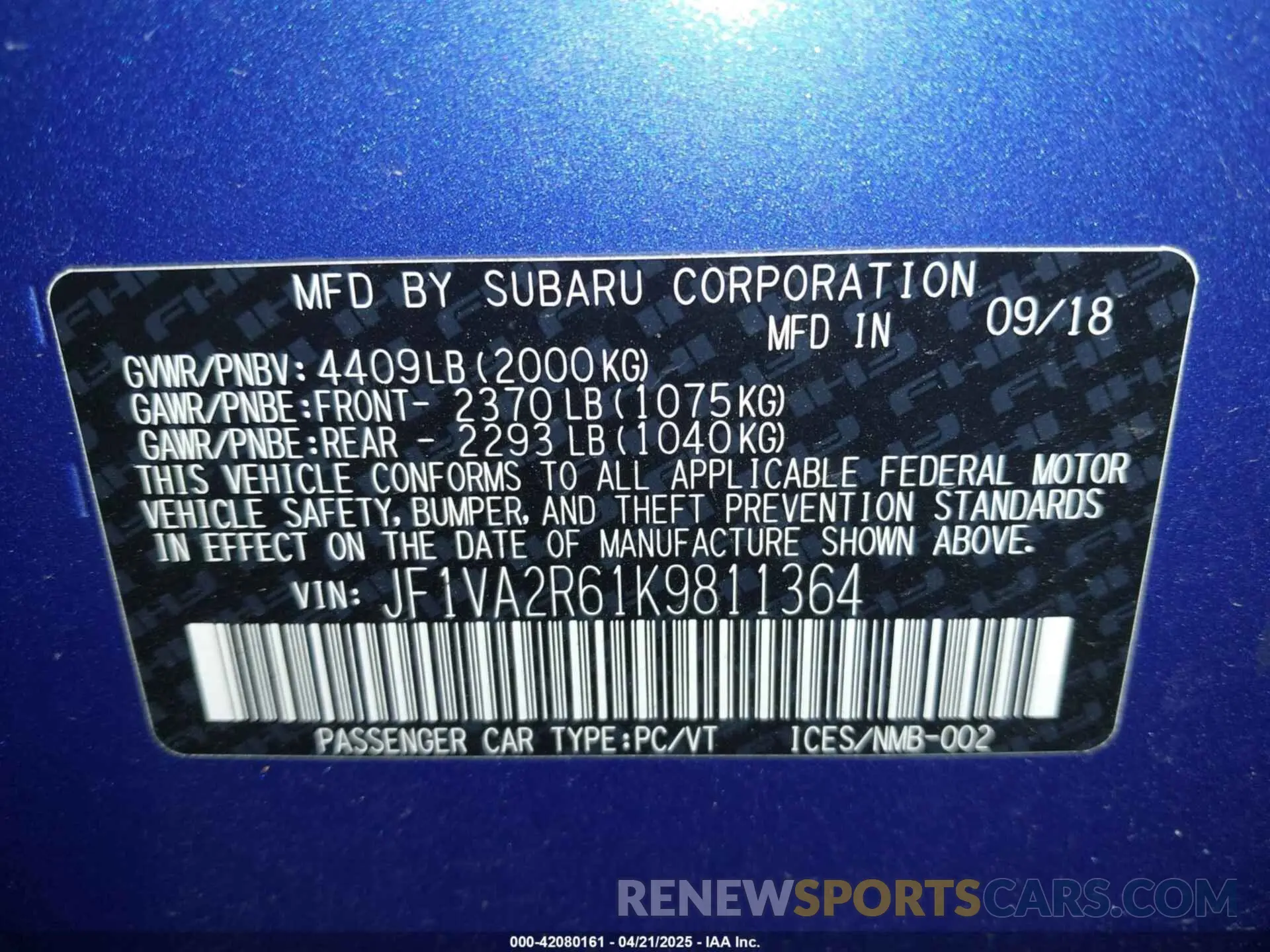 9 fotografías del automóvil dañado JF1VA2R61K9811364 SUBARU WRX STI 2019