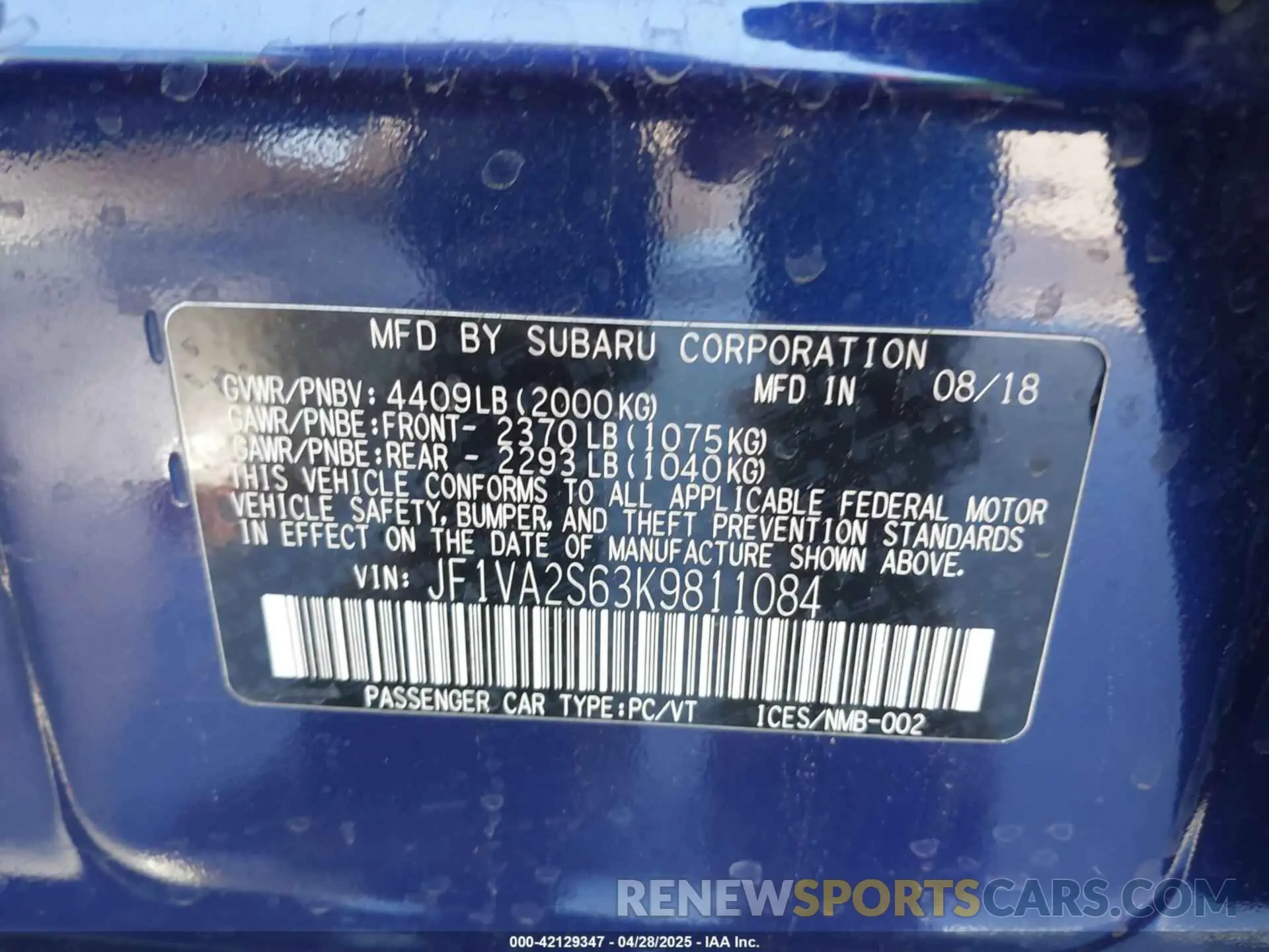 9 fotografías del automóvil dañado JF1VA2S63K9811084 SUBARU WRX STI 2019