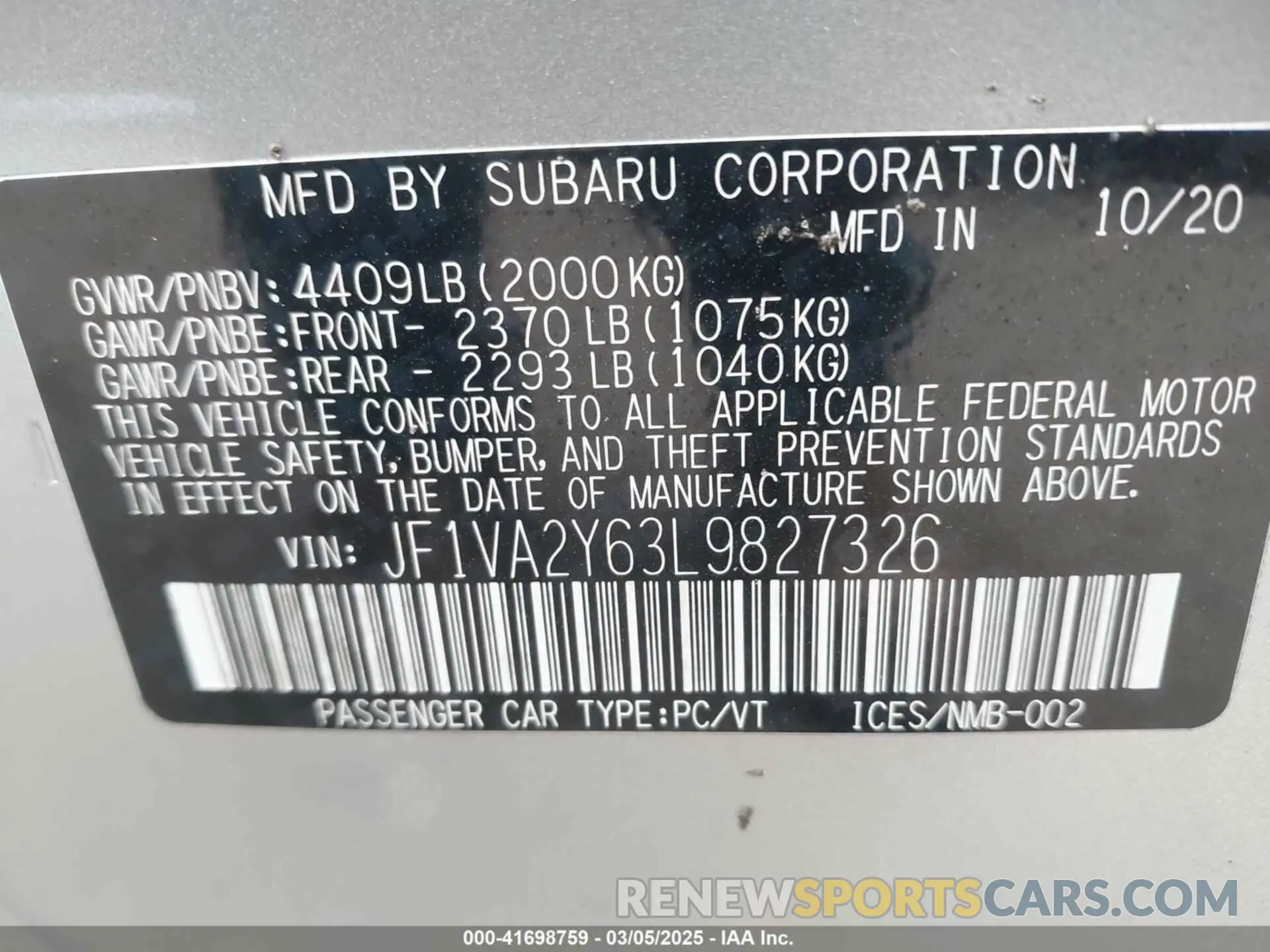9 fotografías del automóvil dañado JF1VA2Y63L9827326 SUBARU WRX STI 2020