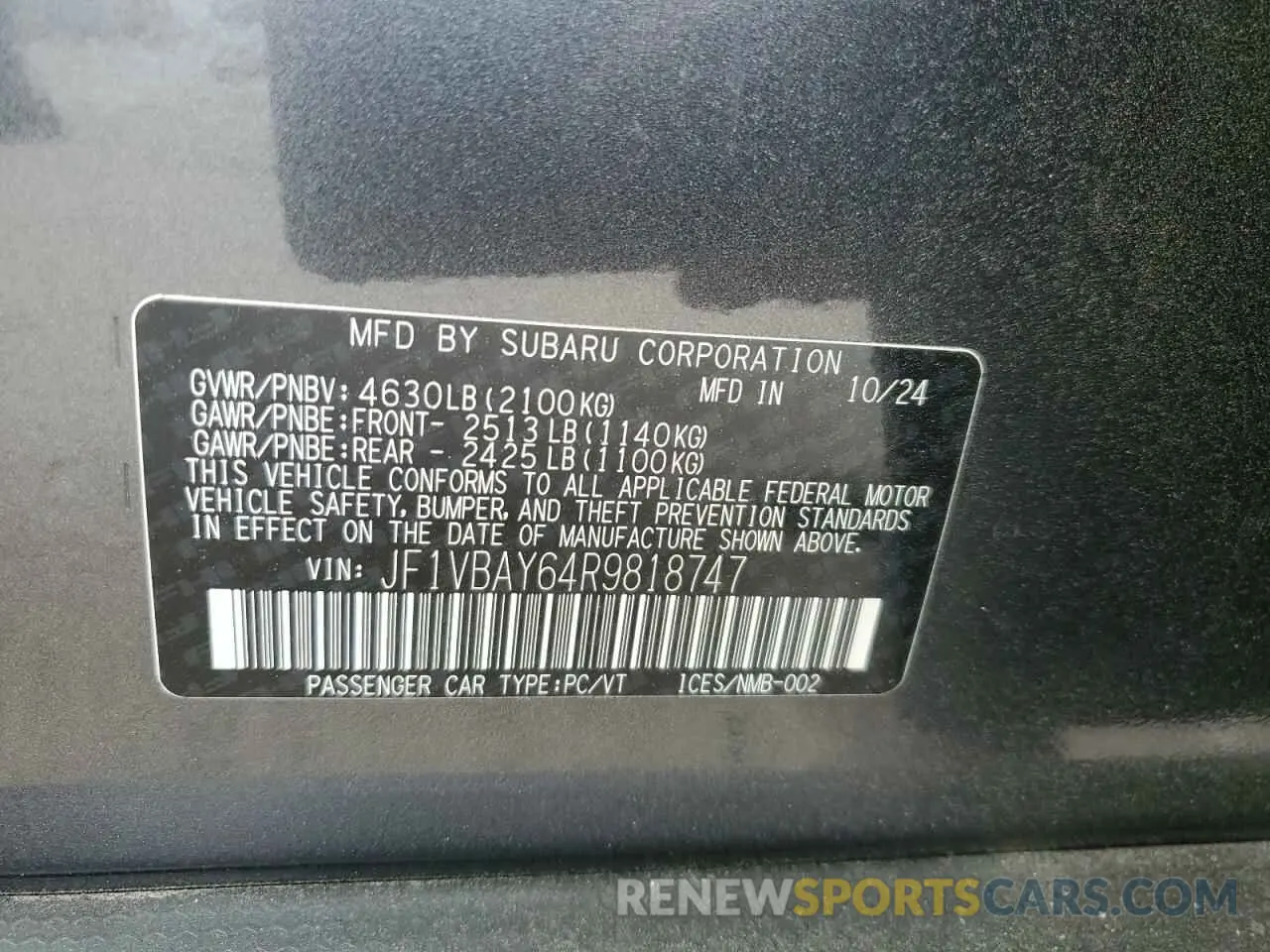 14 fotografías del automóvil dañado JF1VBAY64R9818747 SUBARU WRX TR 2024
