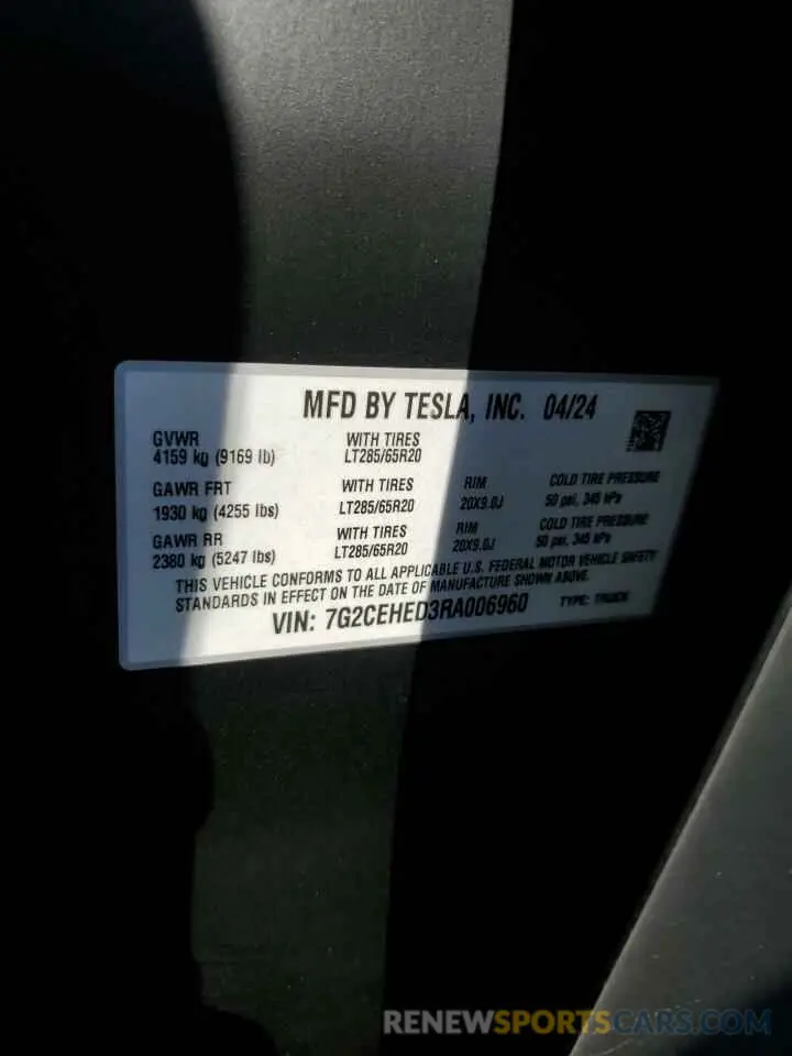 12 fotografías del automóvil dañado 7G2CEHED3RA006960 TESLA CYBERTRUCK 2024