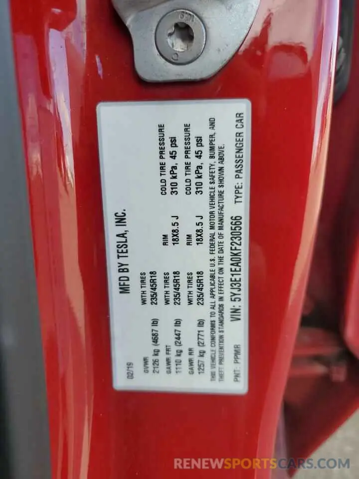 13 fotografías del automóvil dañado 5YJ3E1EA0KF230566 TESLA MODEL 3 2019