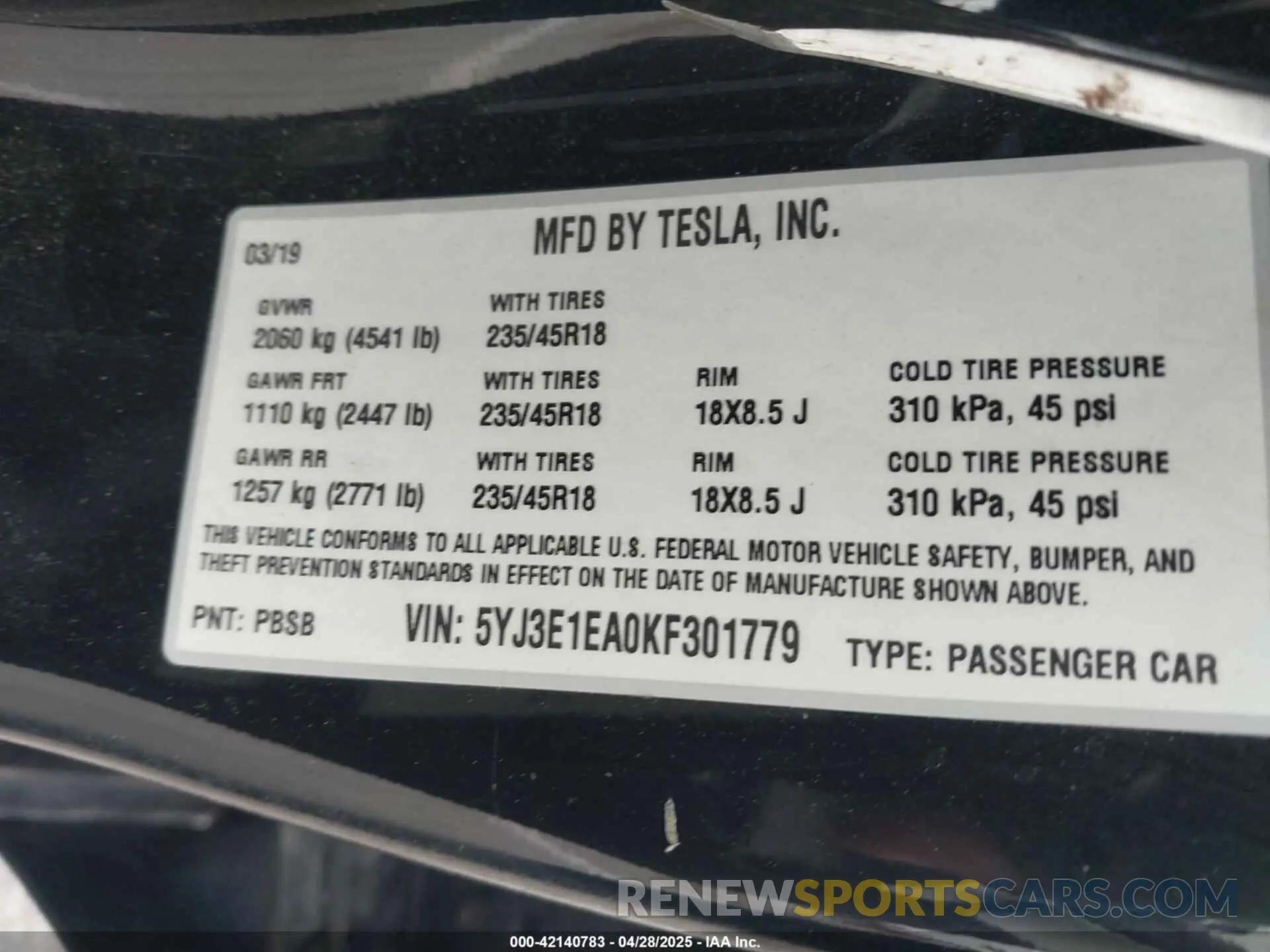 9 fotografías del automóvil dañado 5YJ3E1EA0KF301779 TESLA MODEL 3 2019
