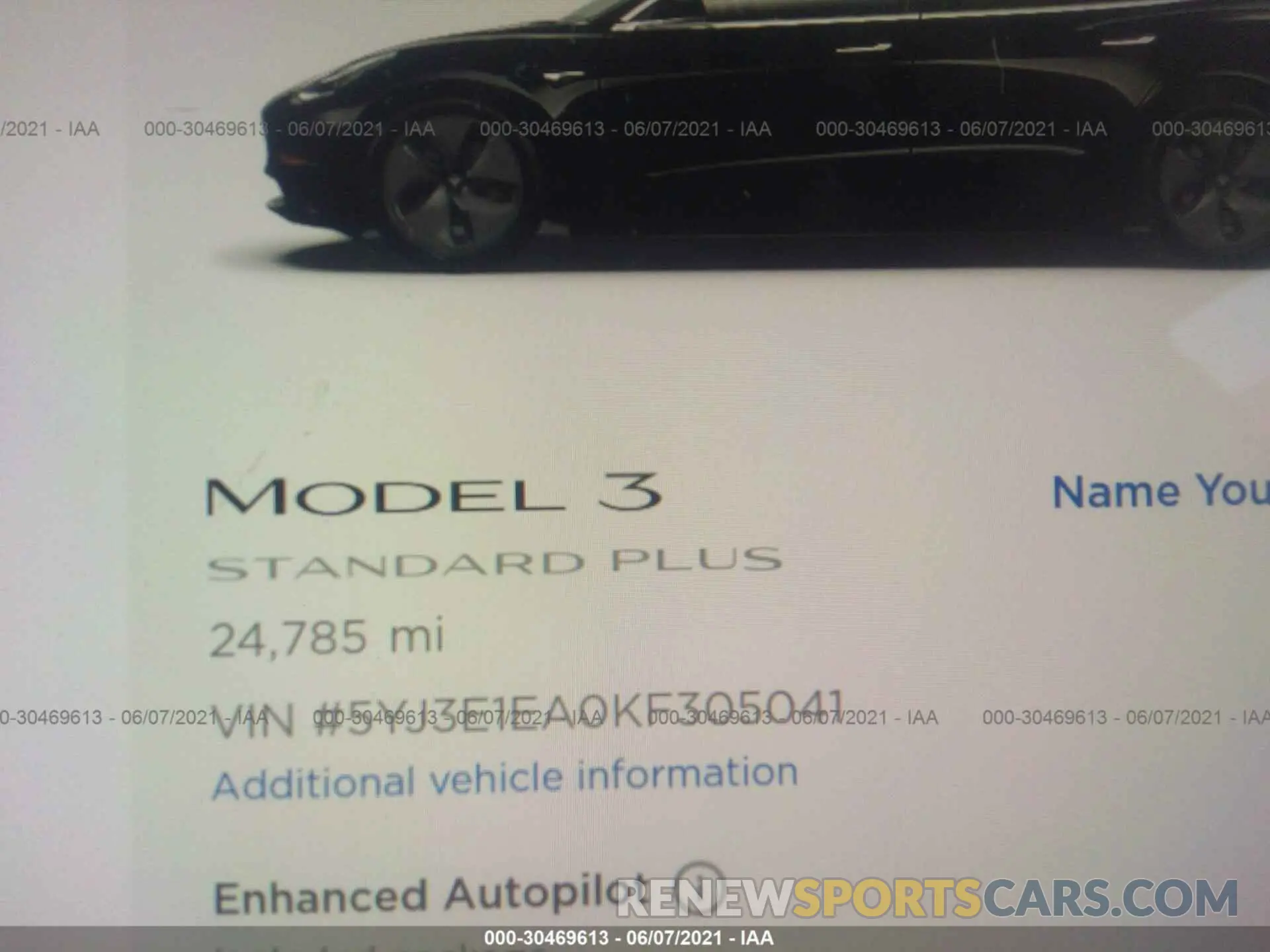7 fotografías del automóvil dañado 5YJ3E1EA0KF305041 TESLA MODEL 3 2019