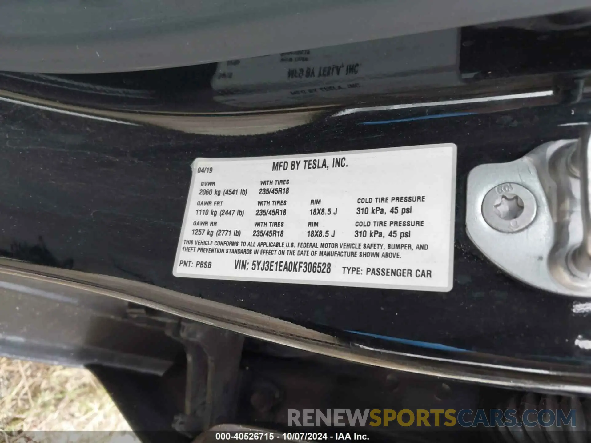 9 fotografías del automóvil dañado 5YJ3E1EA0KF306528 TESLA MODEL 3 2019