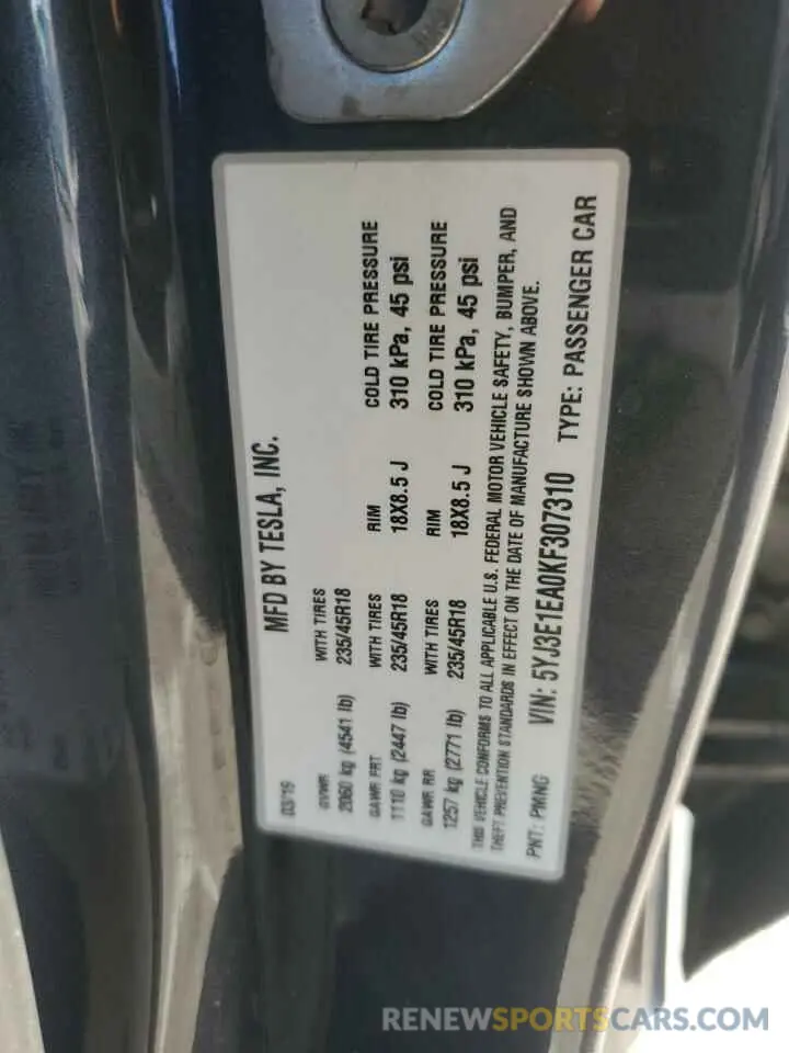 12 fotografías del automóvil dañado 5YJ3E1EA0KF307310 TESLA MODEL 3 2019