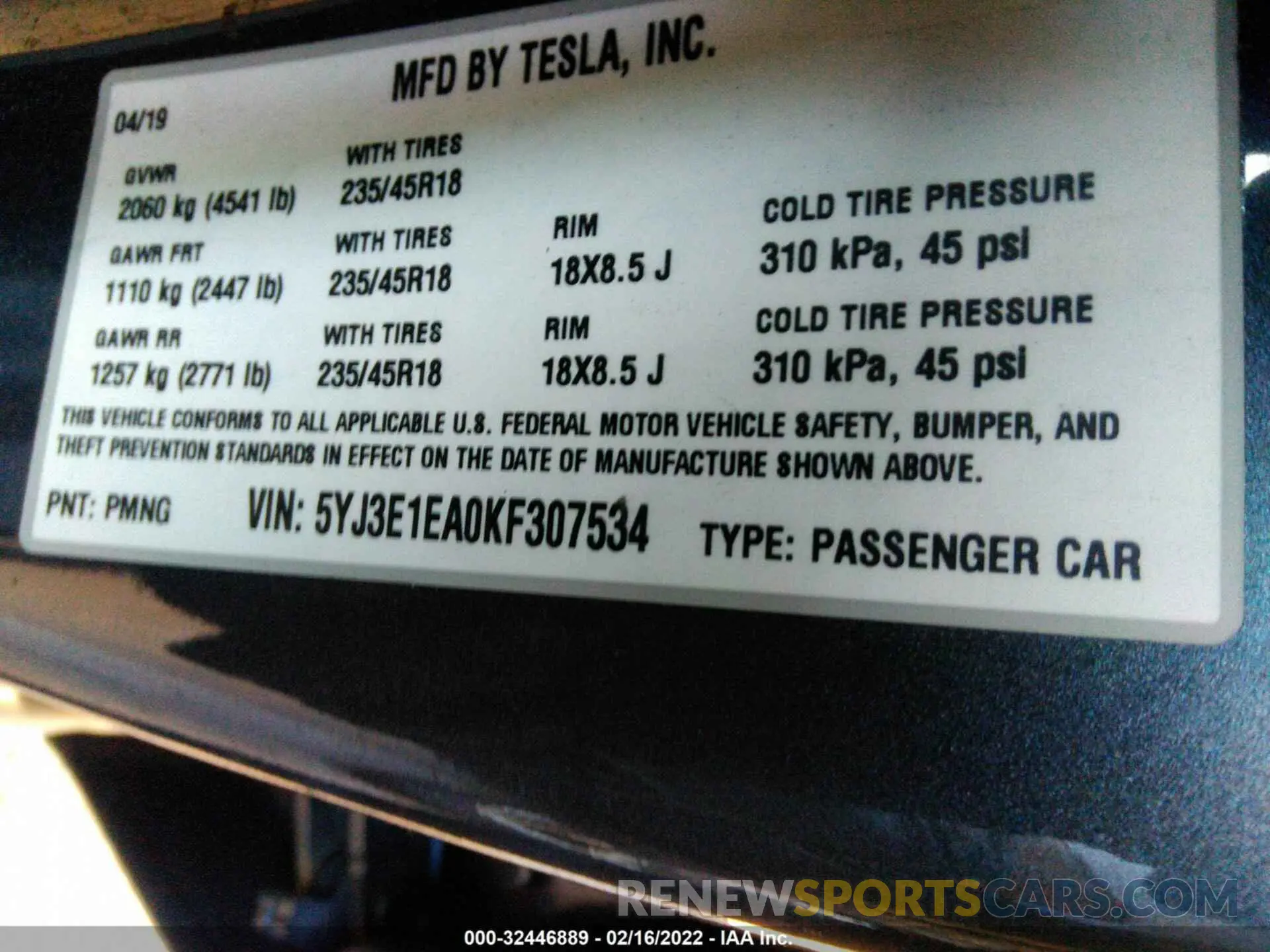 9 fotografías del automóvil dañado 5YJ3E1EA0KF307534 TESLA MODEL 3 2019