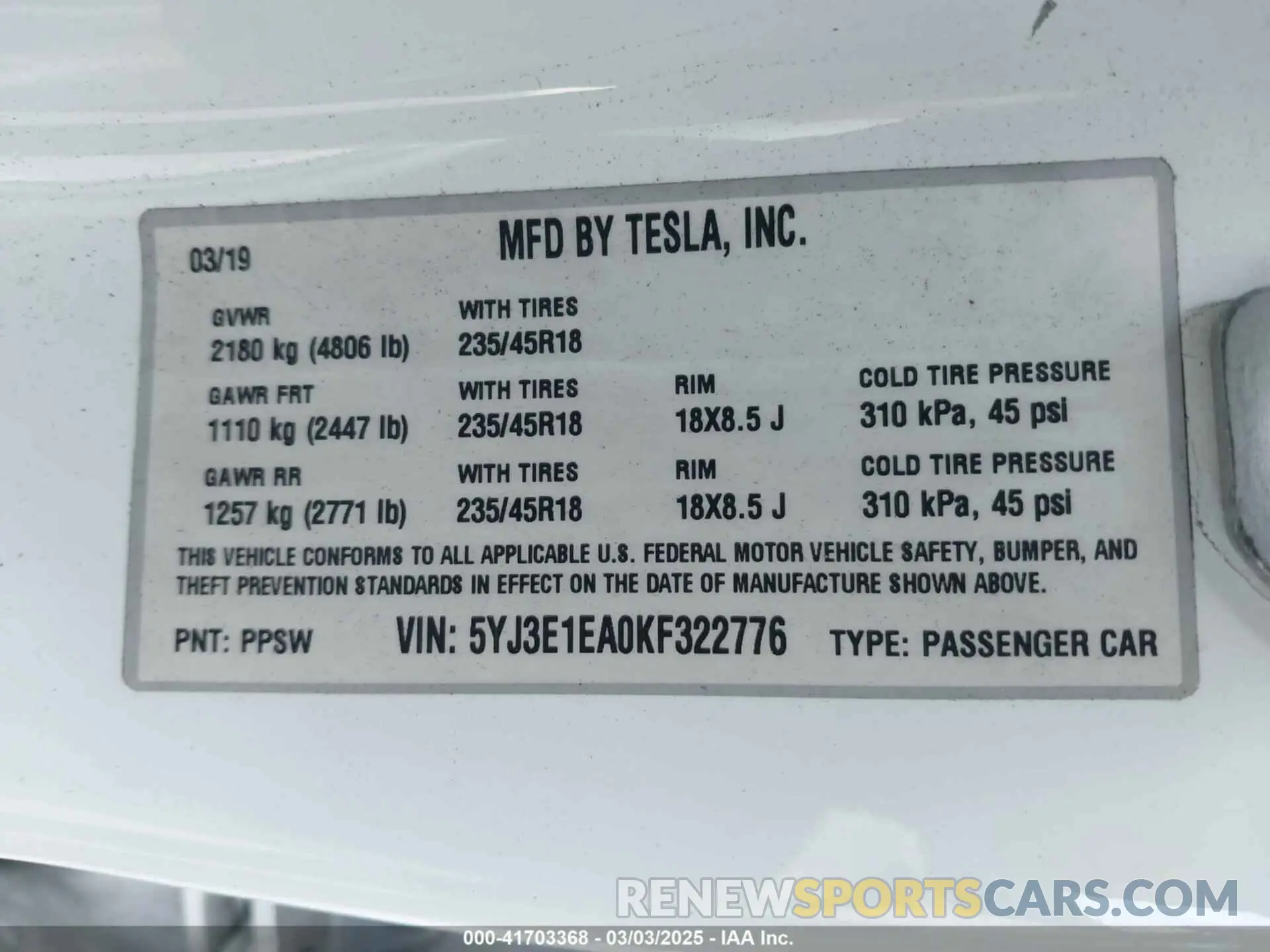 9 fotografías del automóvil dañado 5YJ3E1EA0KF322776 TESLA MODEL 3 2019