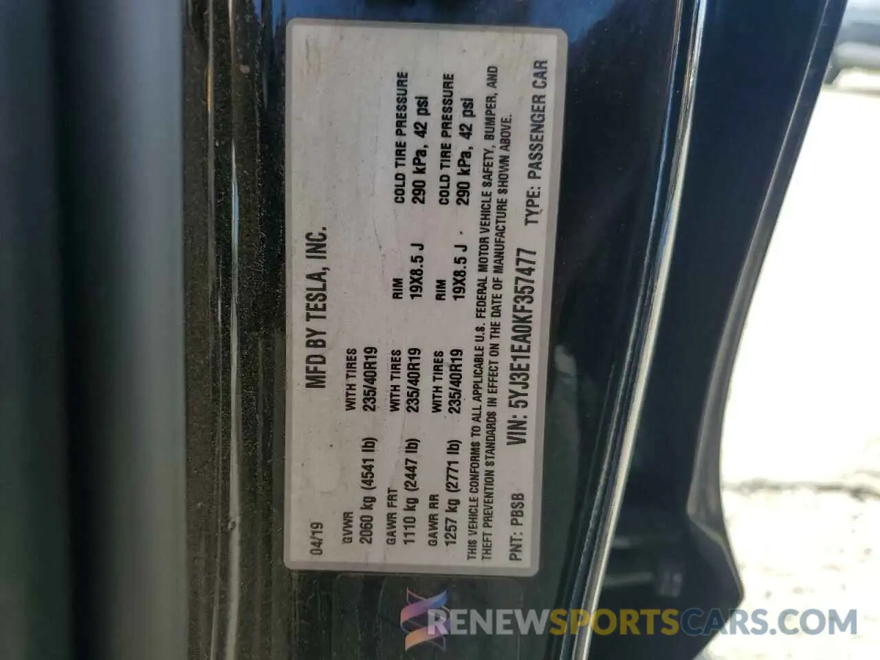 12 fotografías del automóvil dañado 5YJ3E1EA0KF357477 TESLA MODEL 3 2019