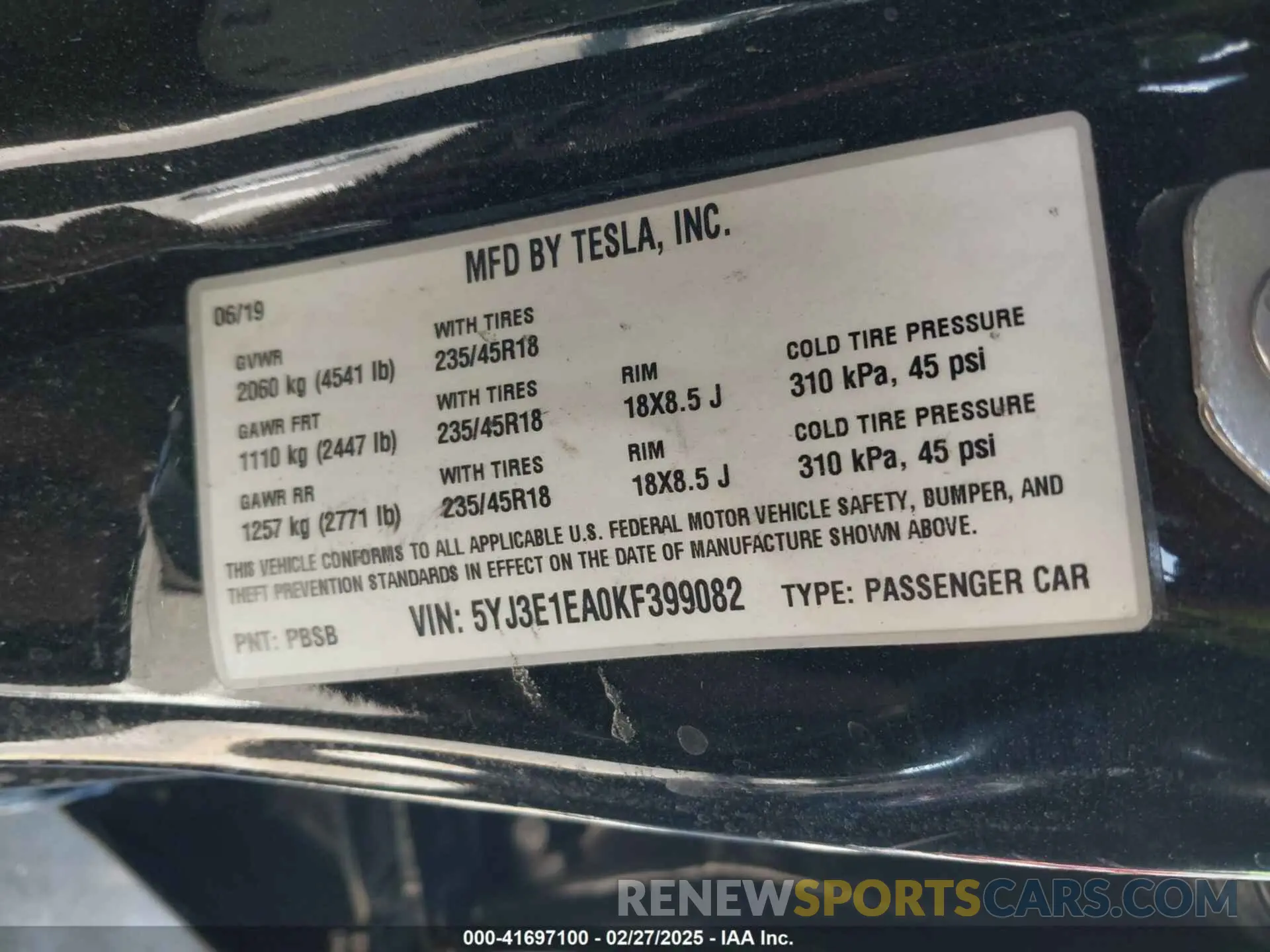 9 fotografías del automóvil dañado 5YJ3E1EA0KF399082 TESLA MODEL 3 2019