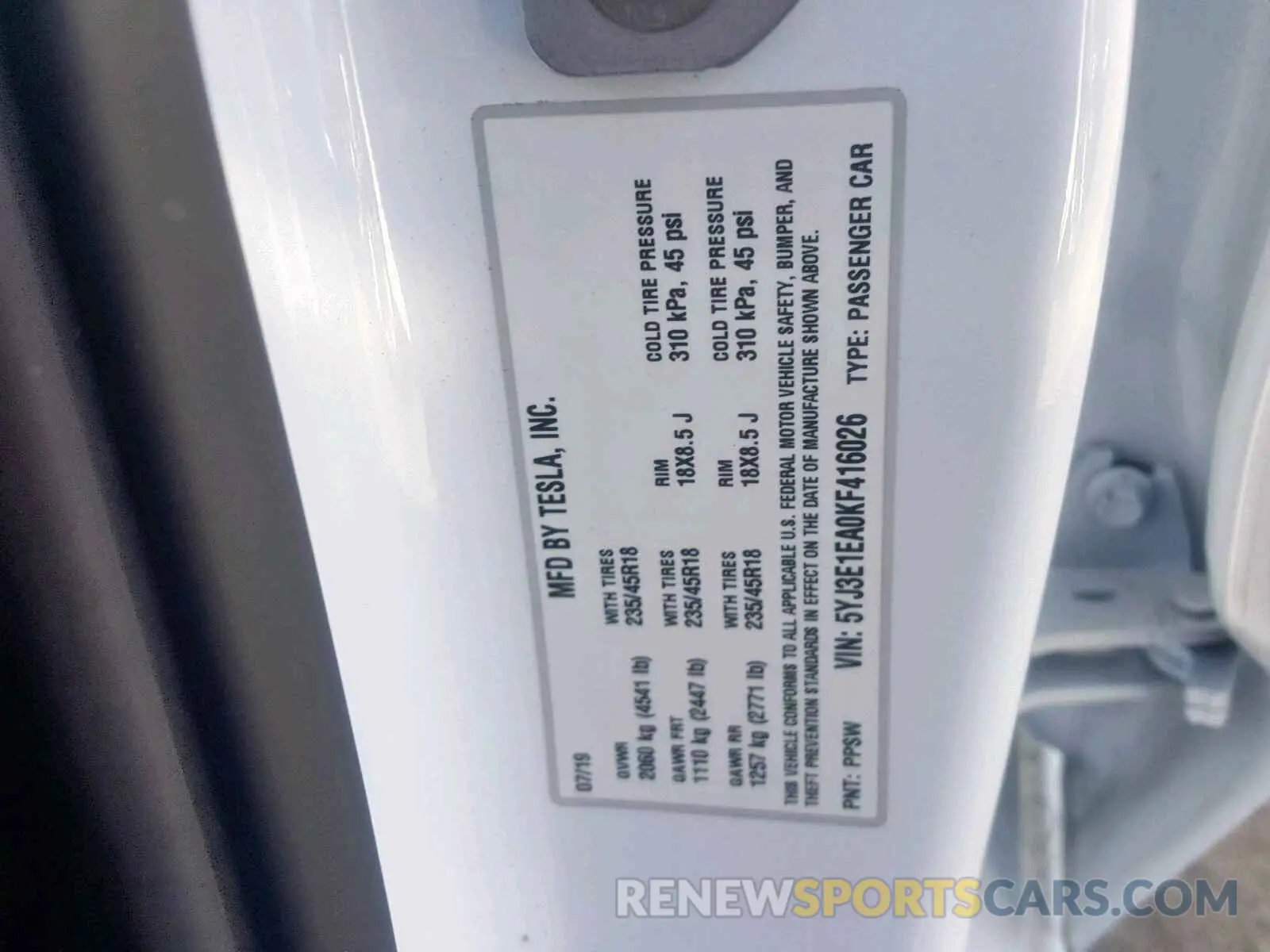 10 fotografías del automóvil dañado 5YJ3E1EA0KF416026 TESLA MODEL 3 2019