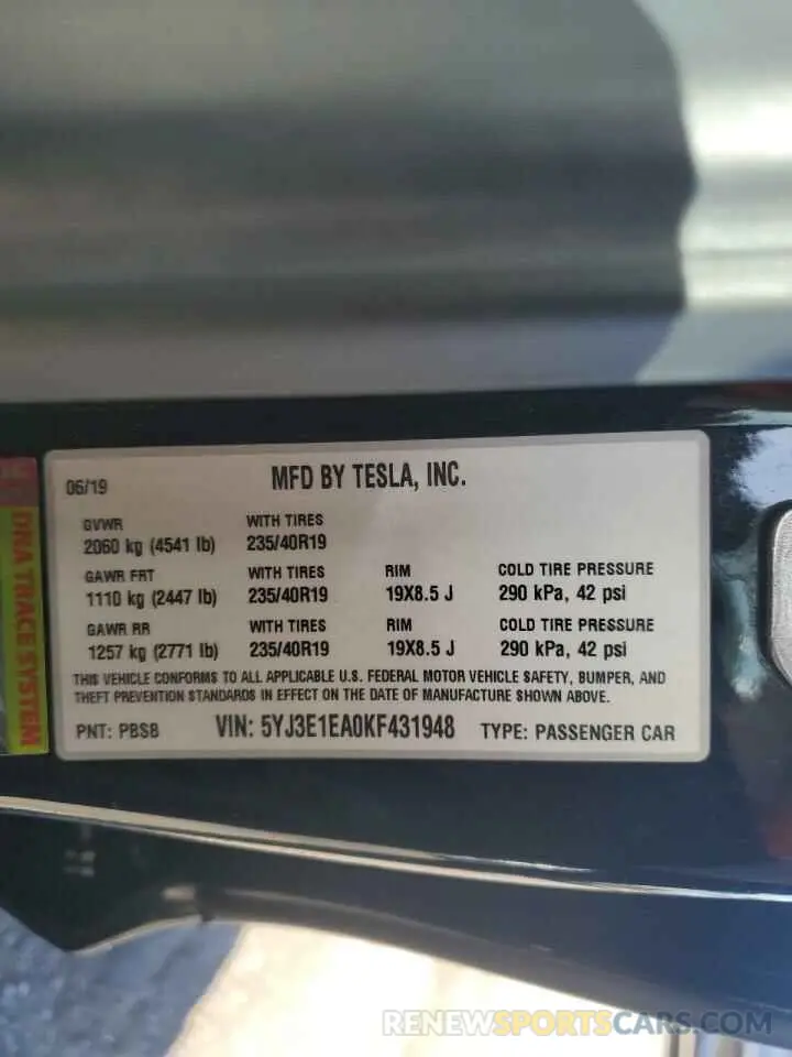13 fotografías del automóvil dañado 5YJ3E1EA0KF431948 TESLA MODEL 3 2019