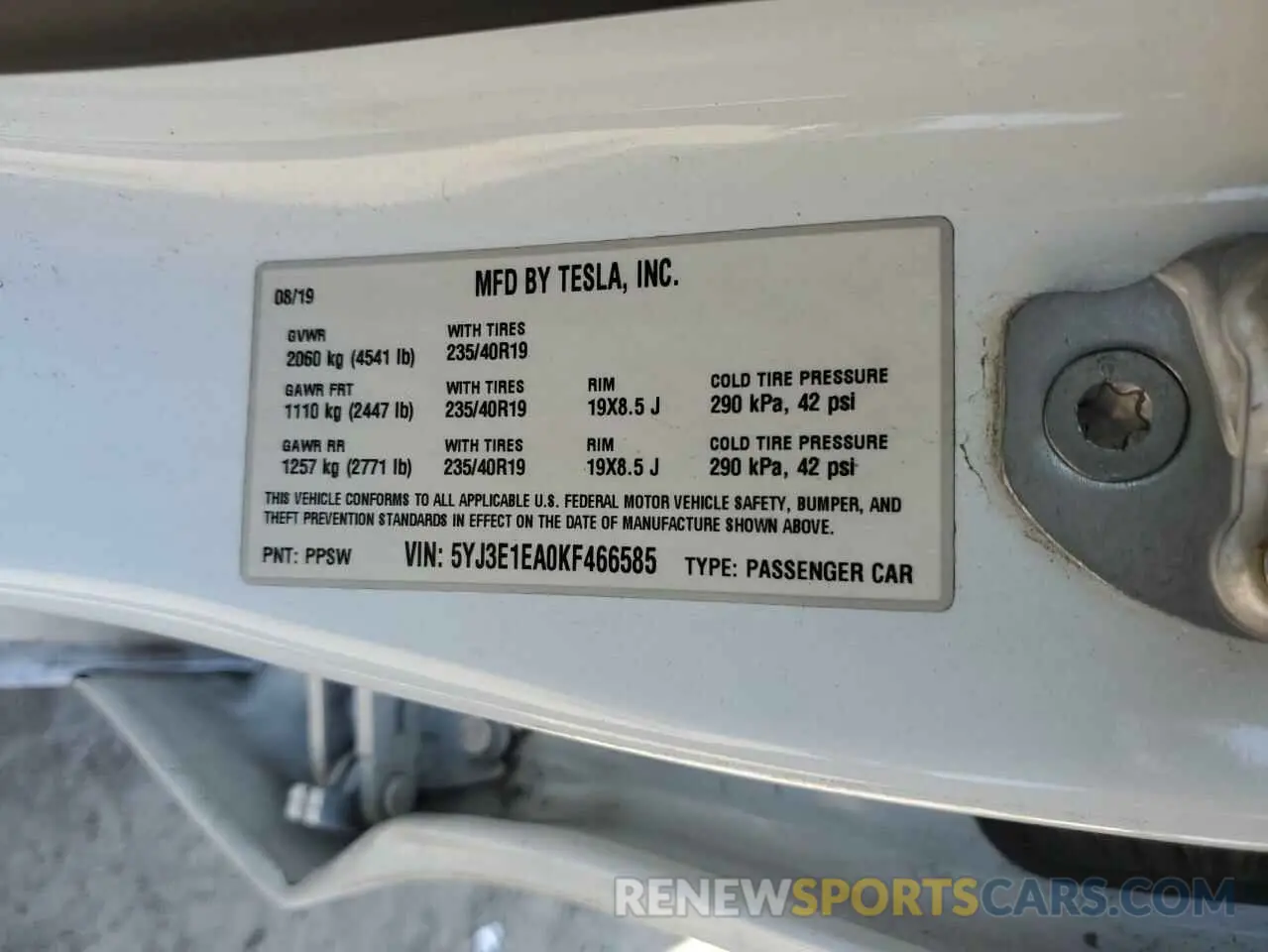 15 fotografías del automóvil dañado 5YJ3E1EA0KF466585 TESLA MODEL 3 2019