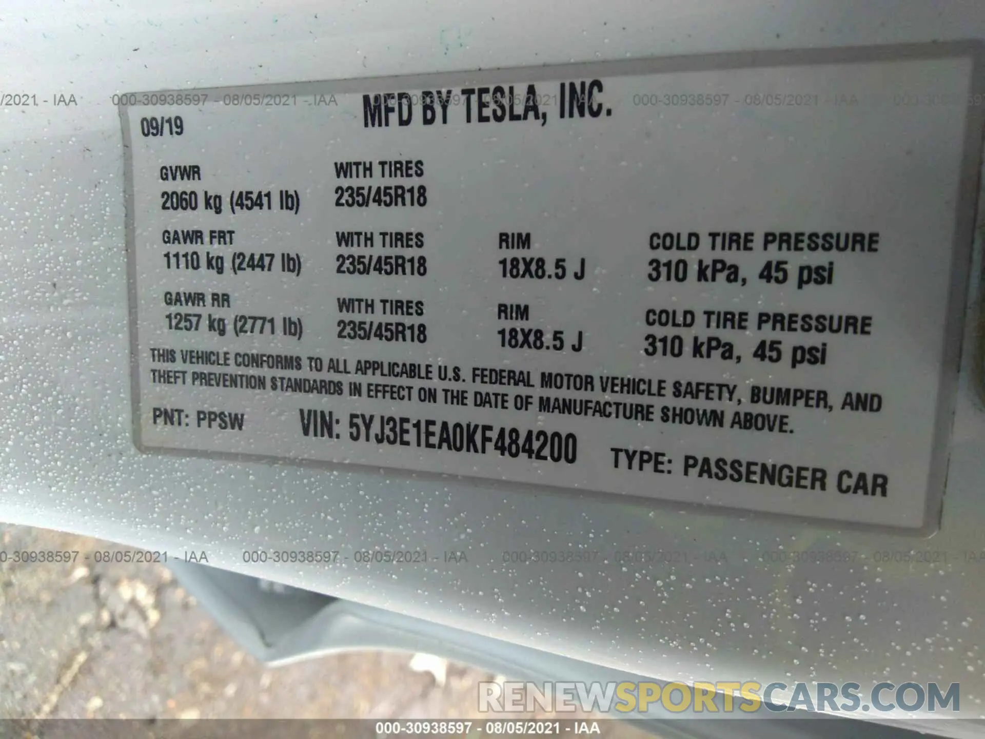 9 fotografías del automóvil dañado 5YJ3E1EA0KF484200 TESLA MODEL 3 2019