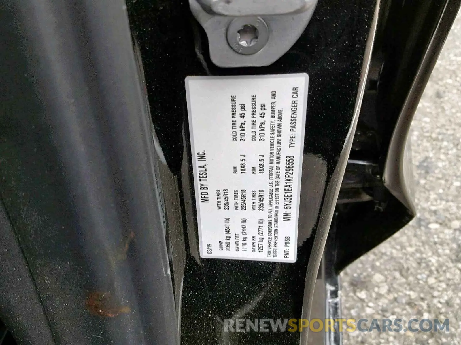 10 fotografías del automóvil dañado 5YJ3E1EA1KF296558 TESLA MODEL 3 2019