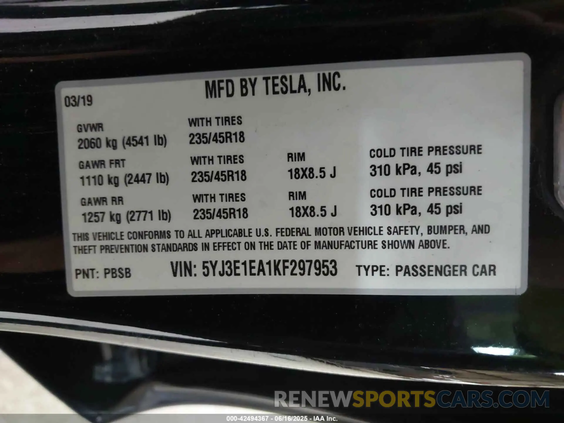 9 fotografías del automóvil dañado 5YJ3E1EA1KF297953 TESLA MODEL 3 2019