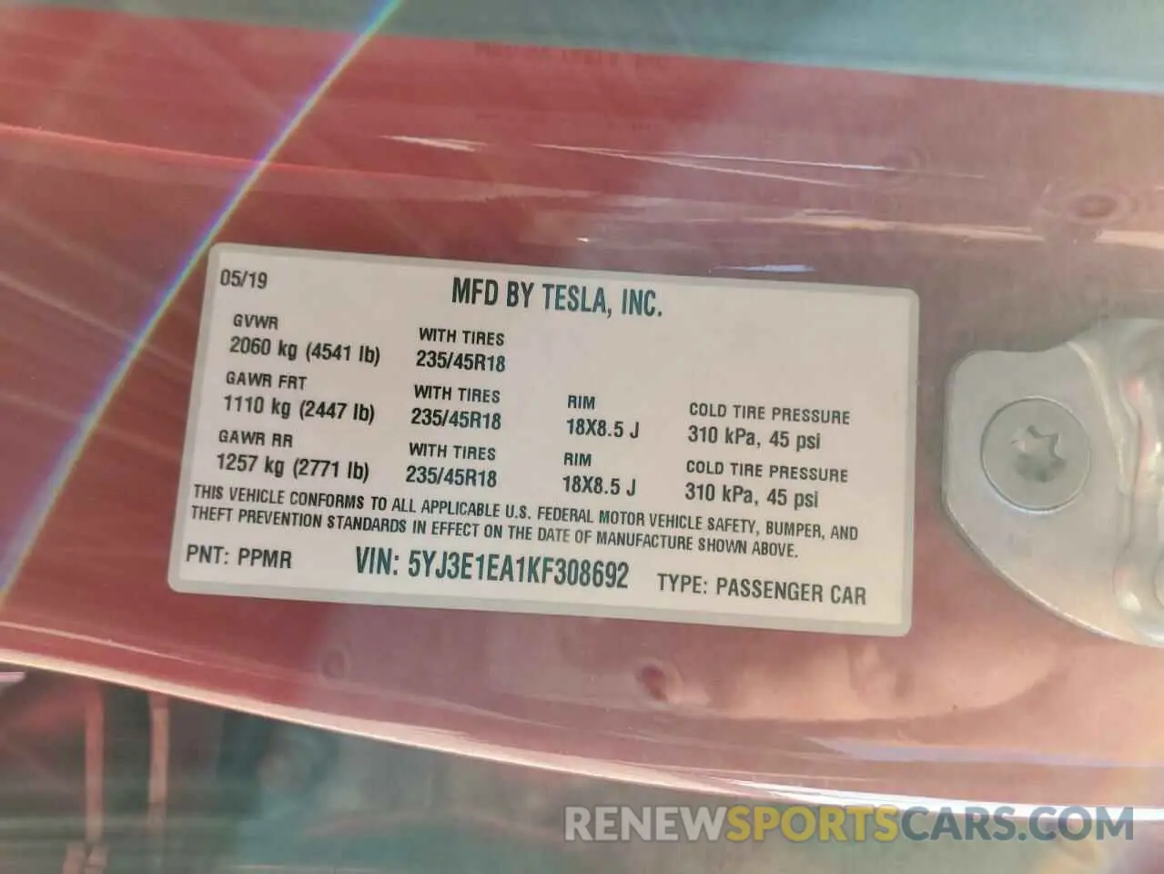 12 fotografías del automóvil dañado 5YJ3E1EA1KF308692 TESLA MODEL 3 2019