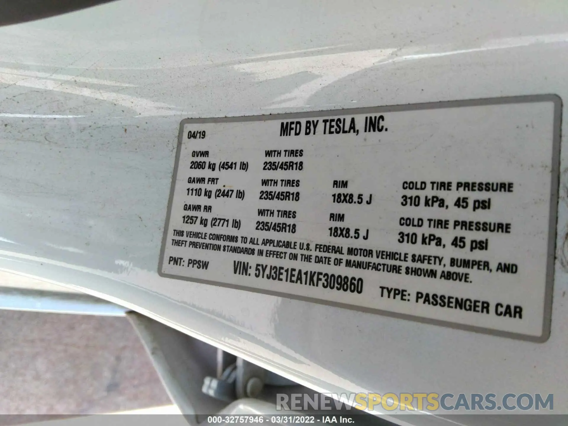 9 fotografías del automóvil dañado 5YJ3E1EA1KF309860 TESLA MODEL 3 2019
