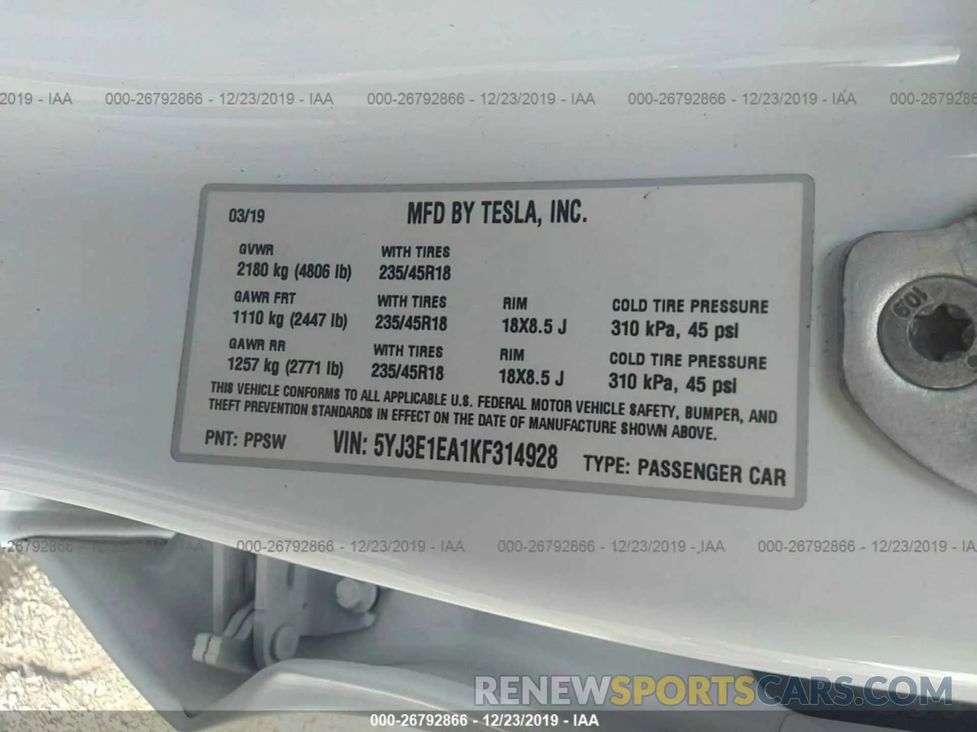 9 fotografías del automóvil dañado 5YJ3E1EA1KF314928 TESLA MODEL 3 2019