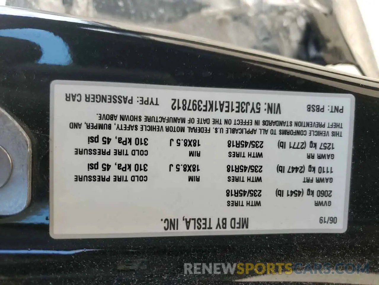 12 fotografías del automóvil dañado 5YJ3E1EA1KF397812 TESLA MODEL 3 2019