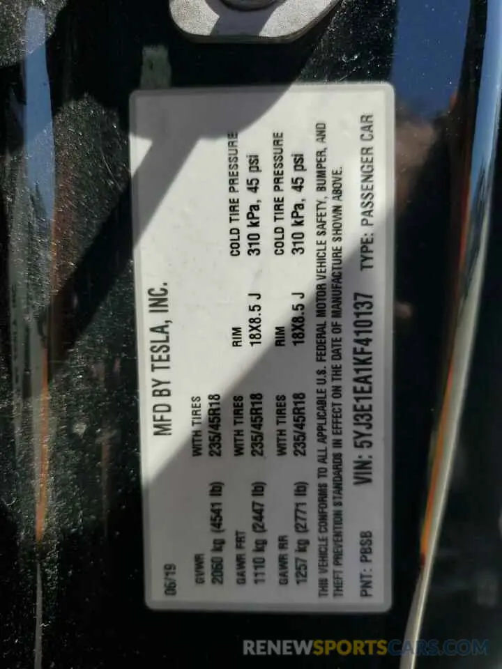 12 fotografías del automóvil dañado 5YJ3E1EA1KF410137 TESLA MODEL 3 2019