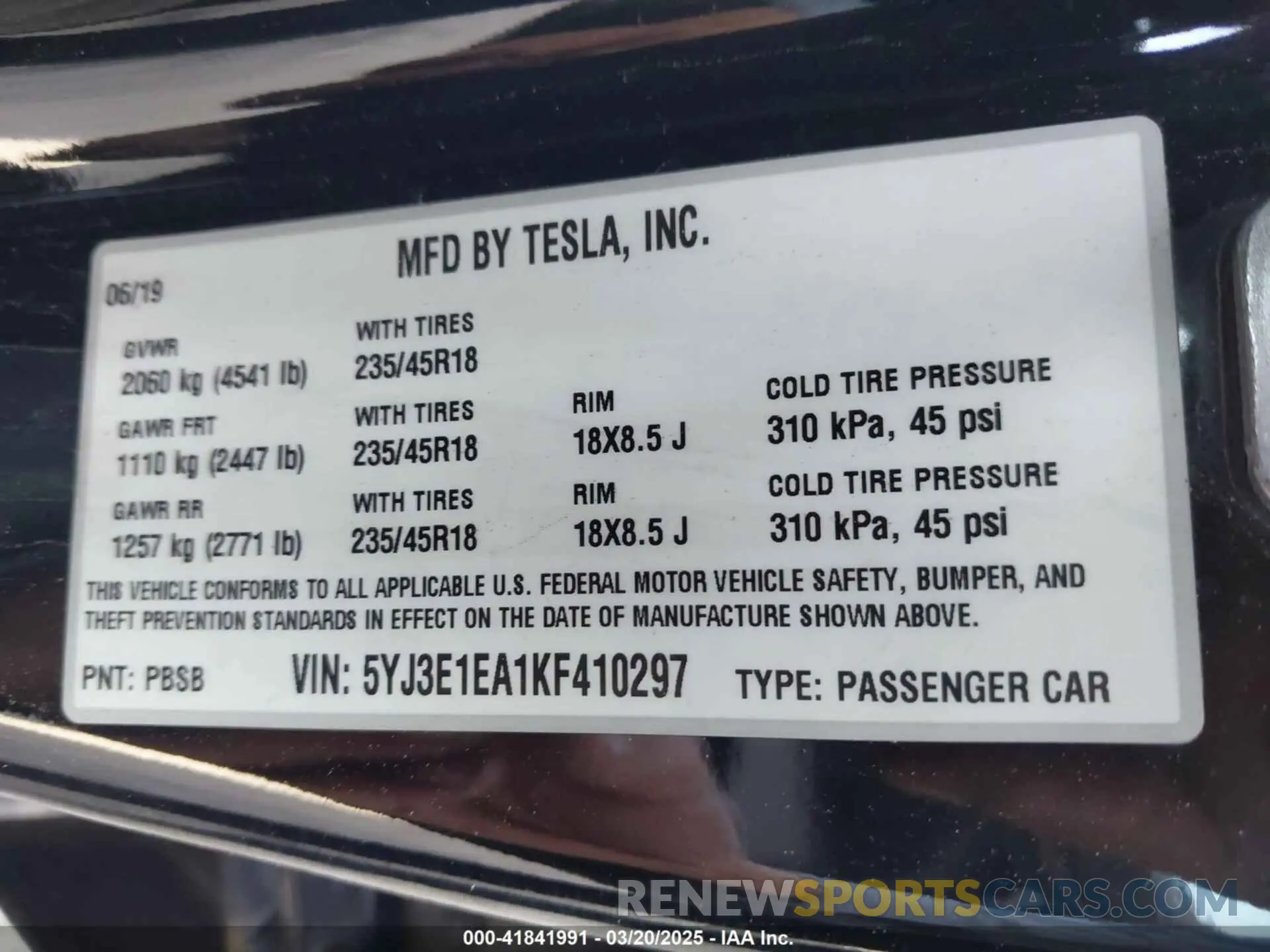9 fotografías del automóvil dañado 5YJ3E1EA1KF410297 TESLA MODEL 3 2019