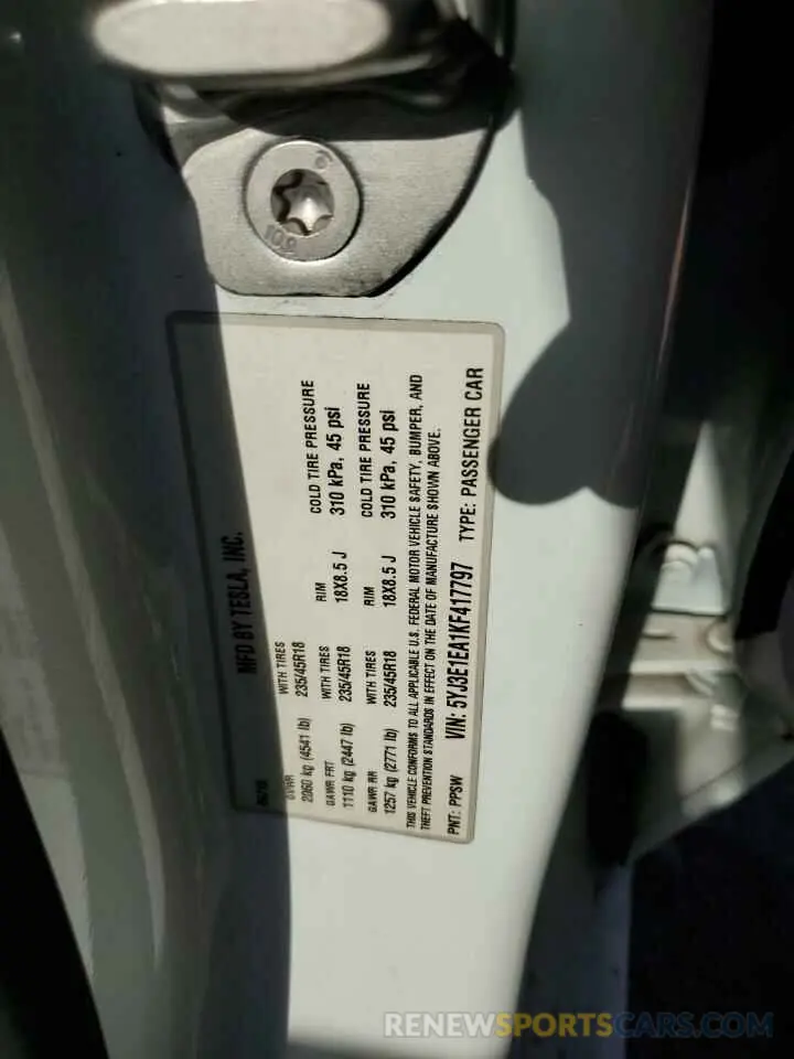 12 fotografías del automóvil dañado 5YJ3E1EA1KF417797 TESLA MODEL 3 2019