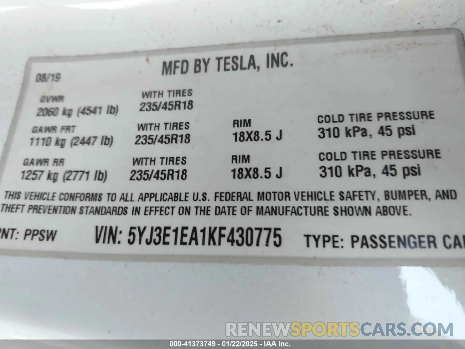 9 fotografías del automóvil dañado 5YJ3E1EA1KF430775 TESLA MODEL 3 2019