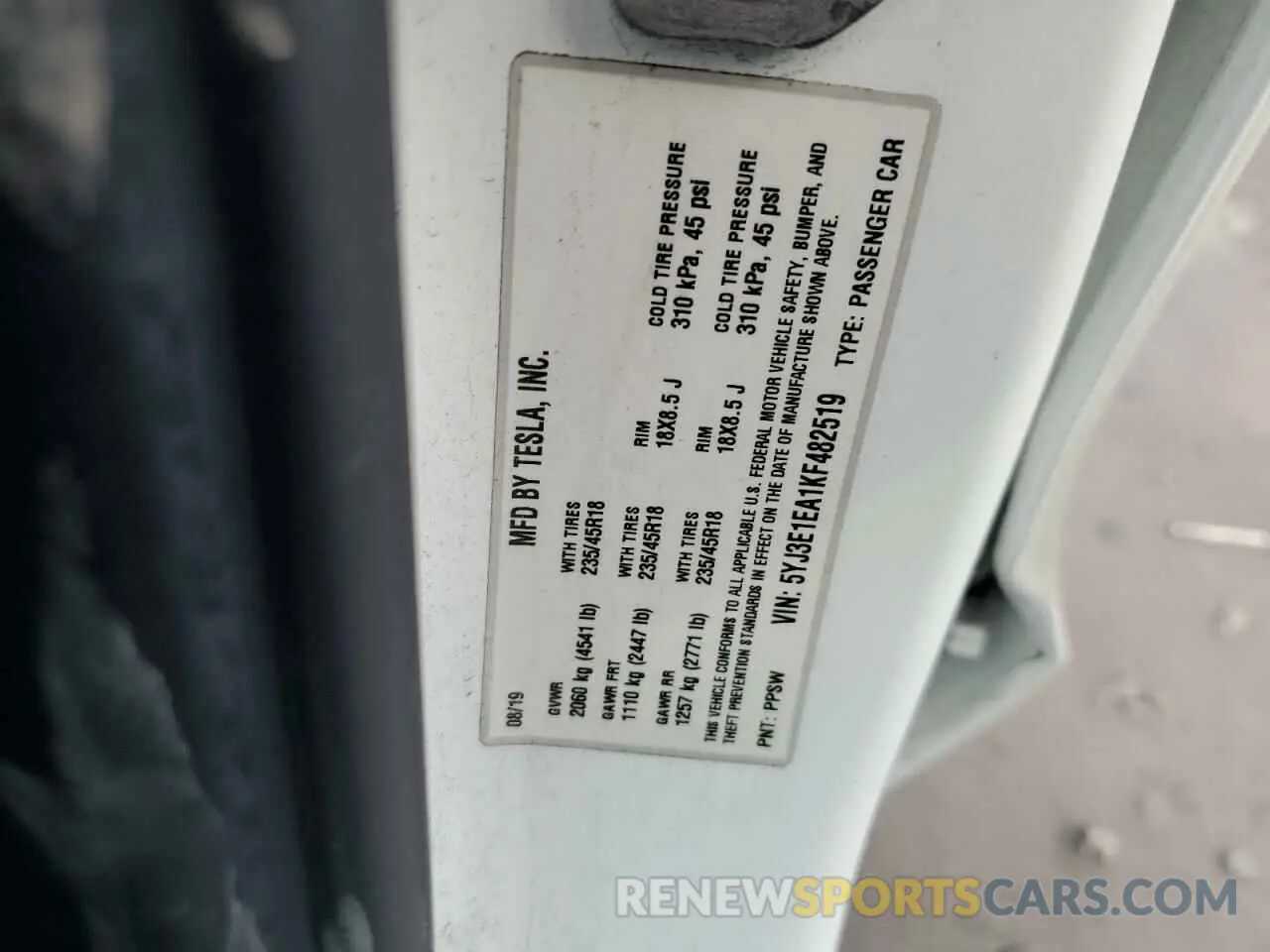 12 fotografías del automóvil dañado 5YJ3E1EA1KF482519 TESLA MODEL 3 2019