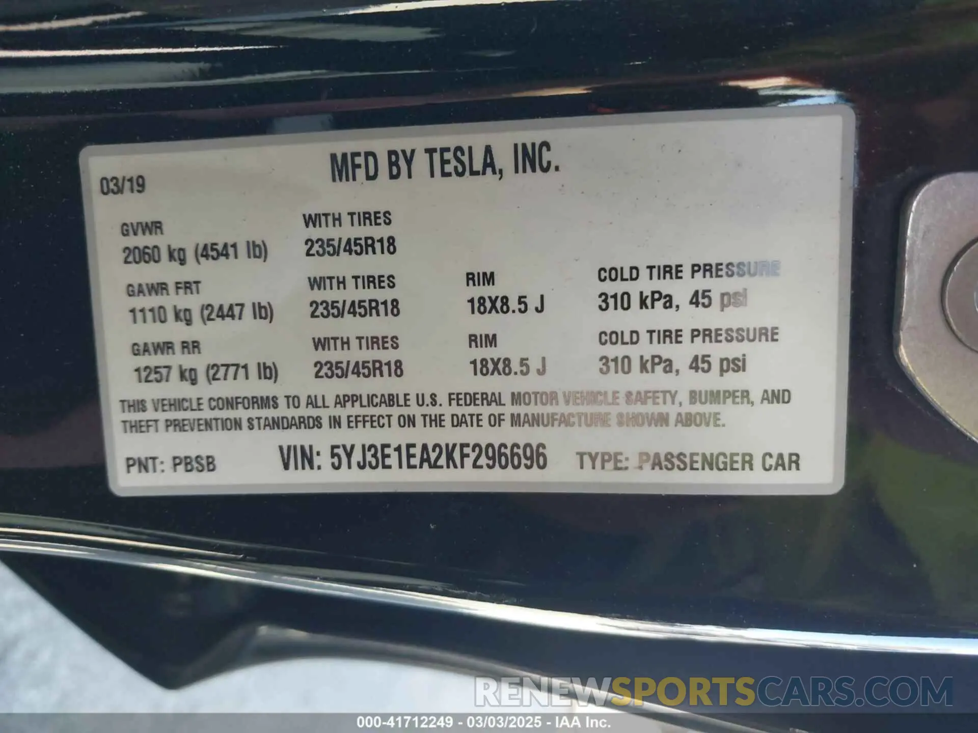 9 fotografías del automóvil dañado 5YJ3E1EA2KF296696 TESLA MODEL 3 2019