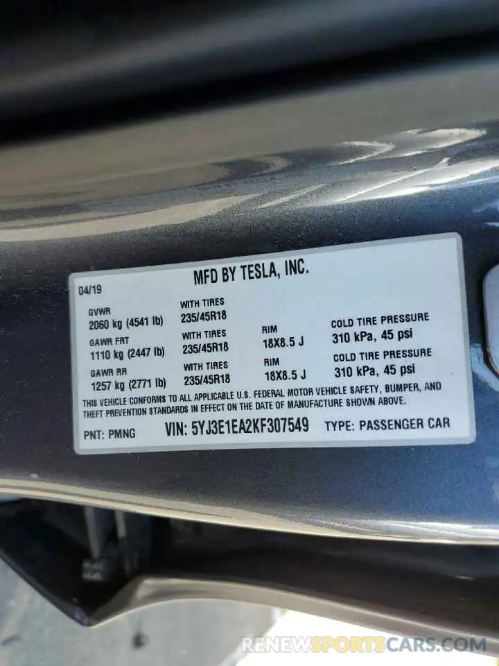 12 fotografías del automóvil dañado 5YJ3E1EA2KF307549 TESLA MODEL 3 2019
