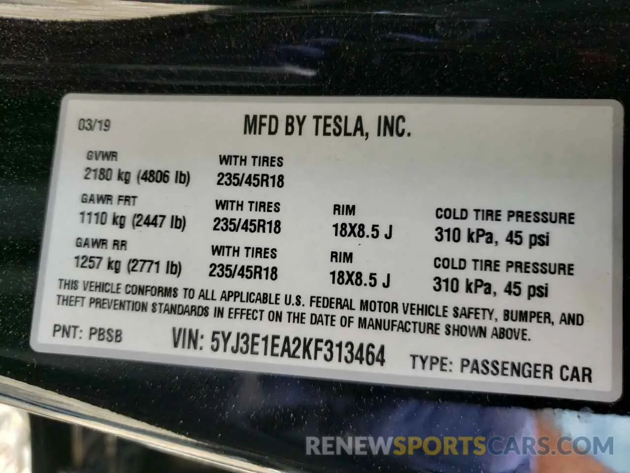 10 fotografías del automóvil dañado 5YJ3E1EA2KF313464 TESLA MODEL 3 2019