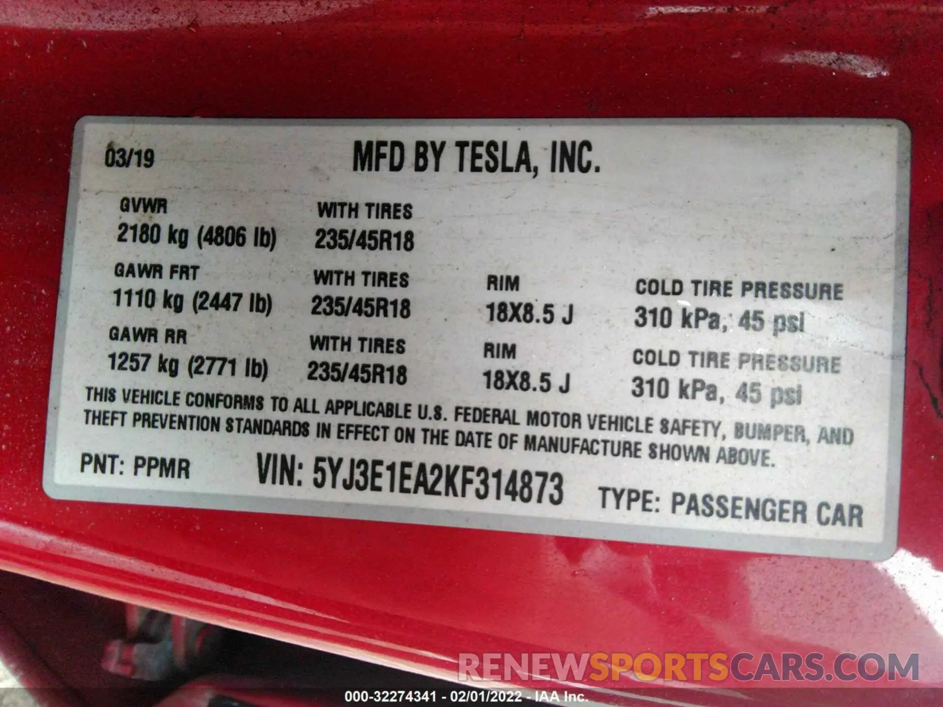 9 fotografías del automóvil dañado 5YJ3E1EA2KF314873 TESLA MODEL 3 2019