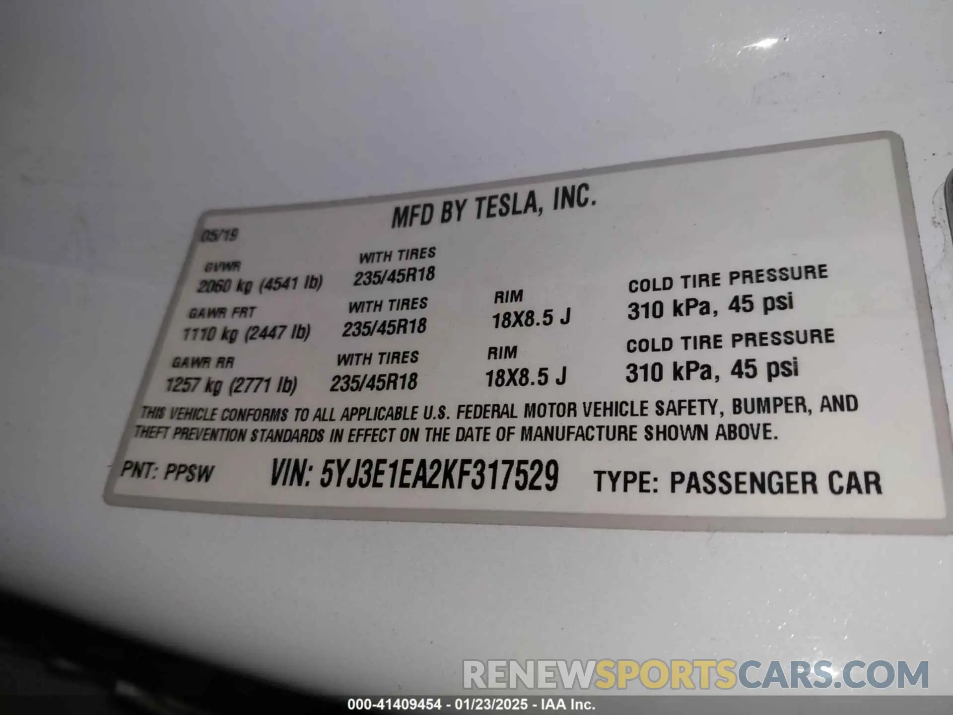 9 fotografías del automóvil dañado 5YJ3E1EA2KF317529 TESLA MODEL 3 2019