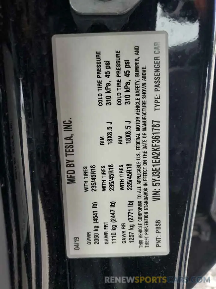 12 fotografías del automóvil dañado 5YJ3E1EA2KF361787 TESLA MODEL 3 2019