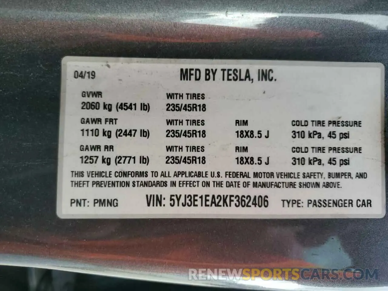 12 fotografías del automóvil dañado 5YJ3E1EA2KF362406 TESLA MODEL 3 2019
