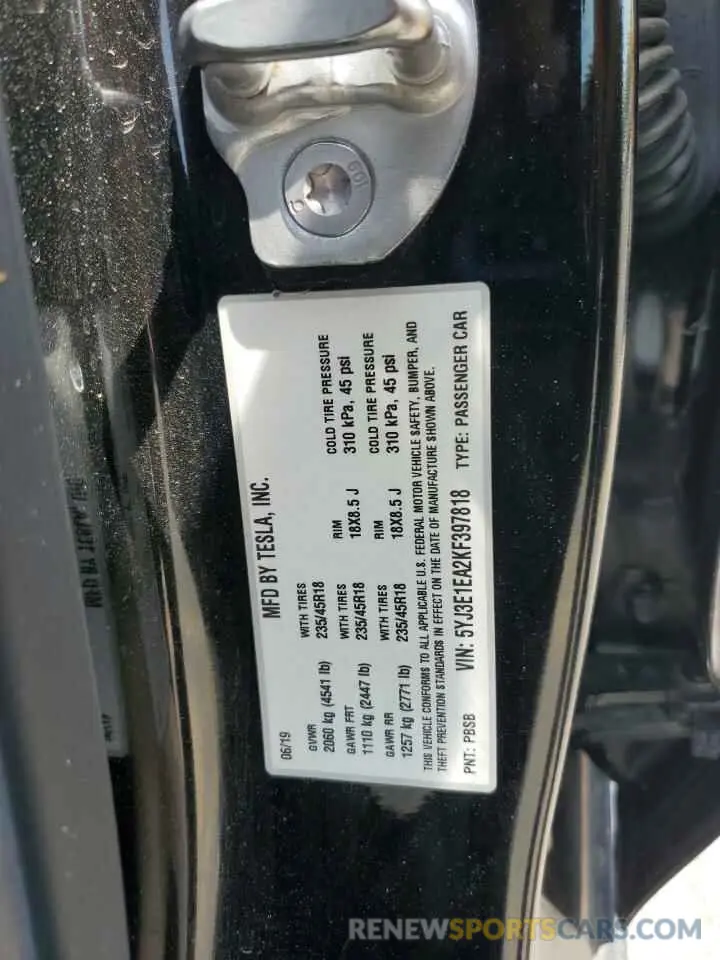 13 fotografías del automóvil dañado 5YJ3E1EA2KF397818 TESLA MODEL 3 2019
