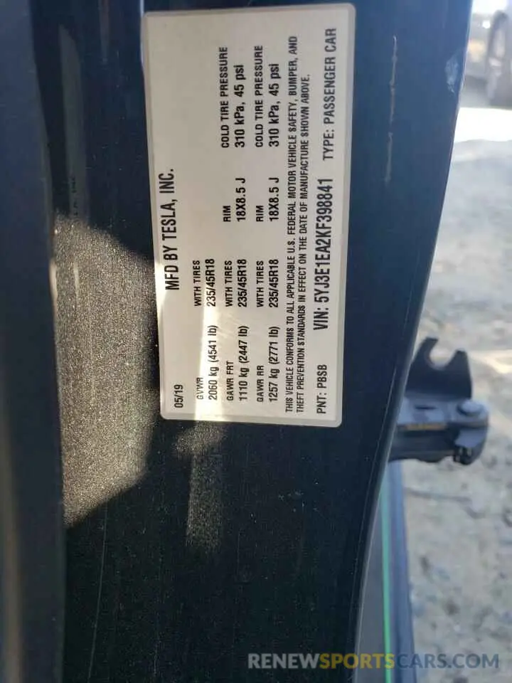 12 fotografías del automóvil dañado 5YJ3E1EA2KF398841 TESLA MODEL 3 2019