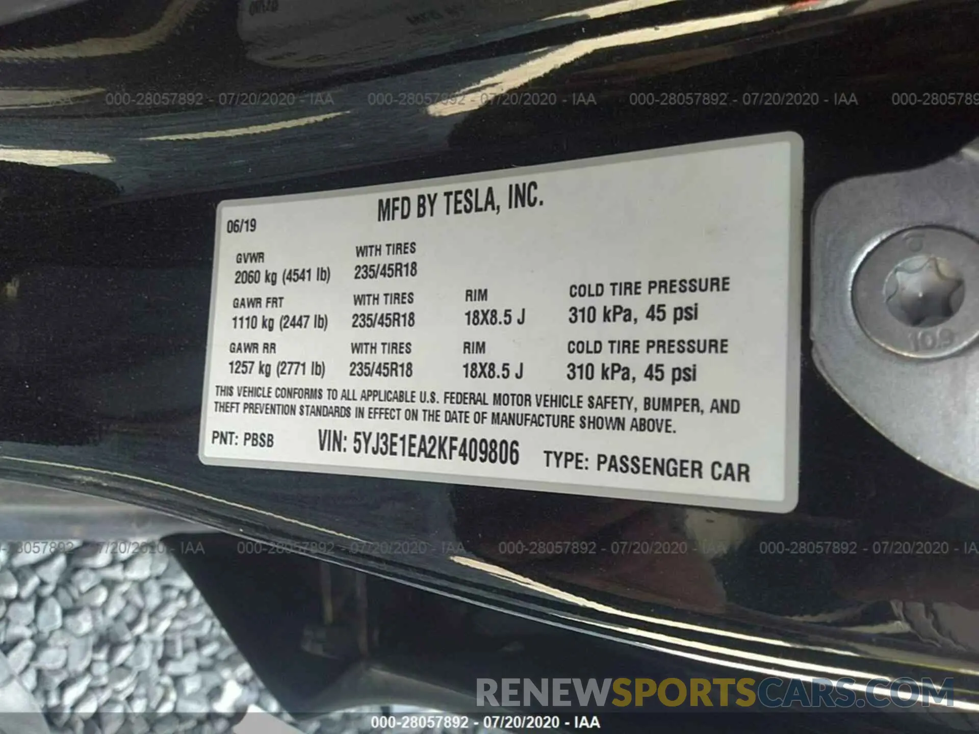 9 fotografías del automóvil dañado 5YJ3E1EA2KF409806 TESLA MODEL 3 2019